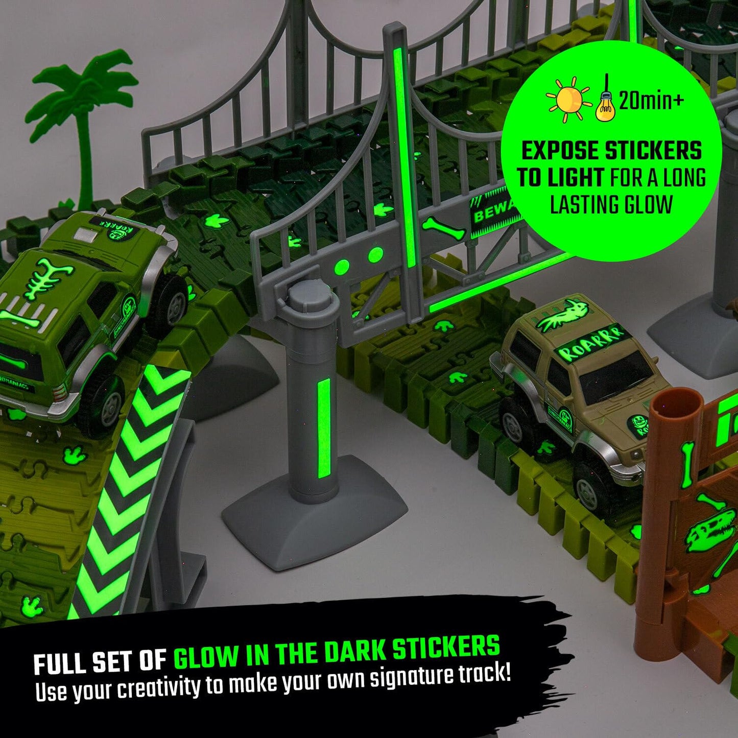 JITTERYGIT Dinosaur Glow Track Set – Jurassic Race Track with T-Rex & Triceratops