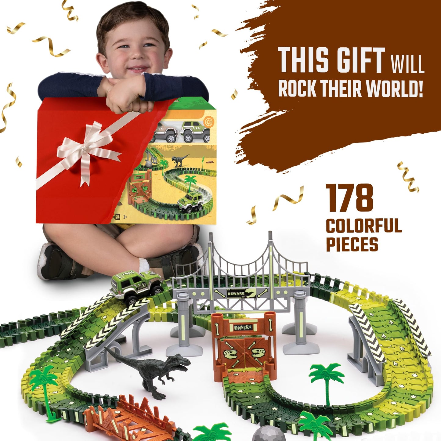 JITTERYGIT Dinosaur Glow Track Set – Jurassic Race Track with T-Rex & Triceratops