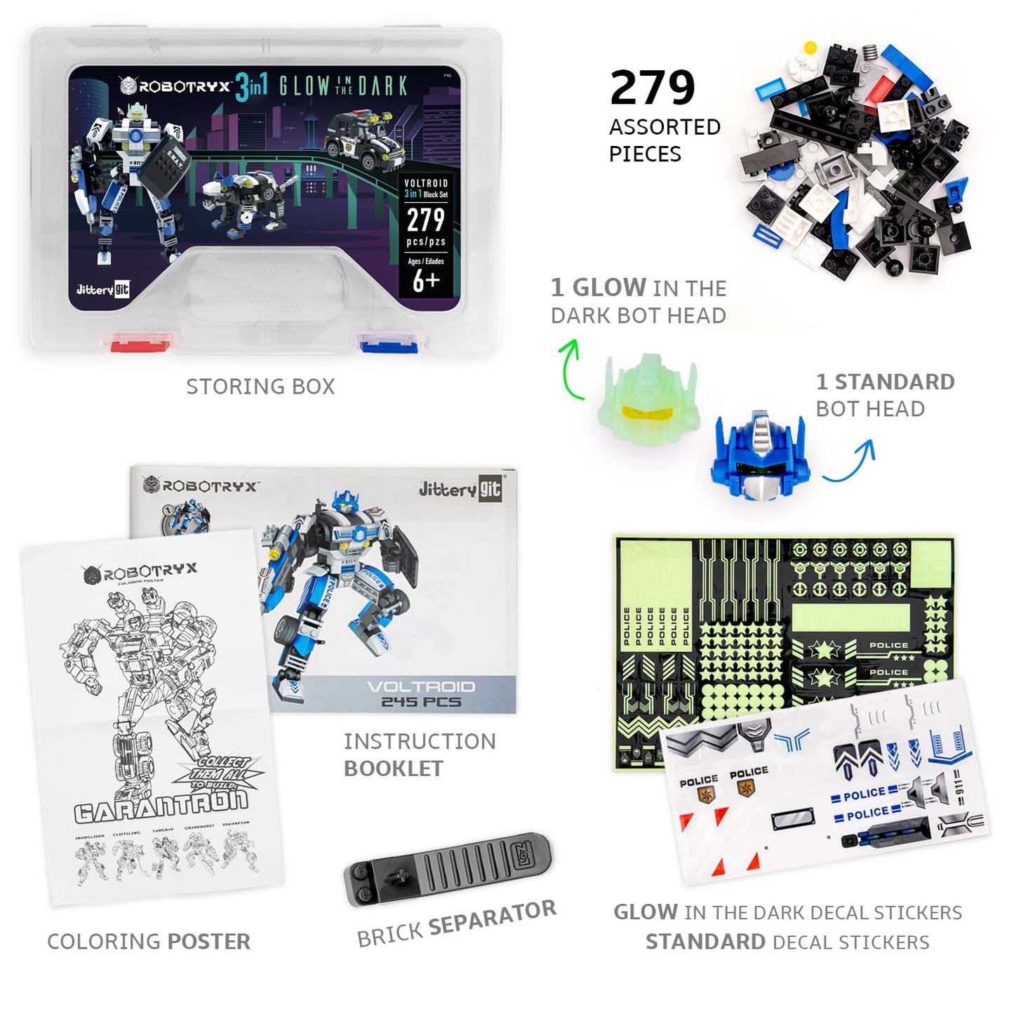 JITTERYGIT Robot Police Mech Glow-in-the-Dark Buildable STEM Toy – SWAT Action Figure Gift