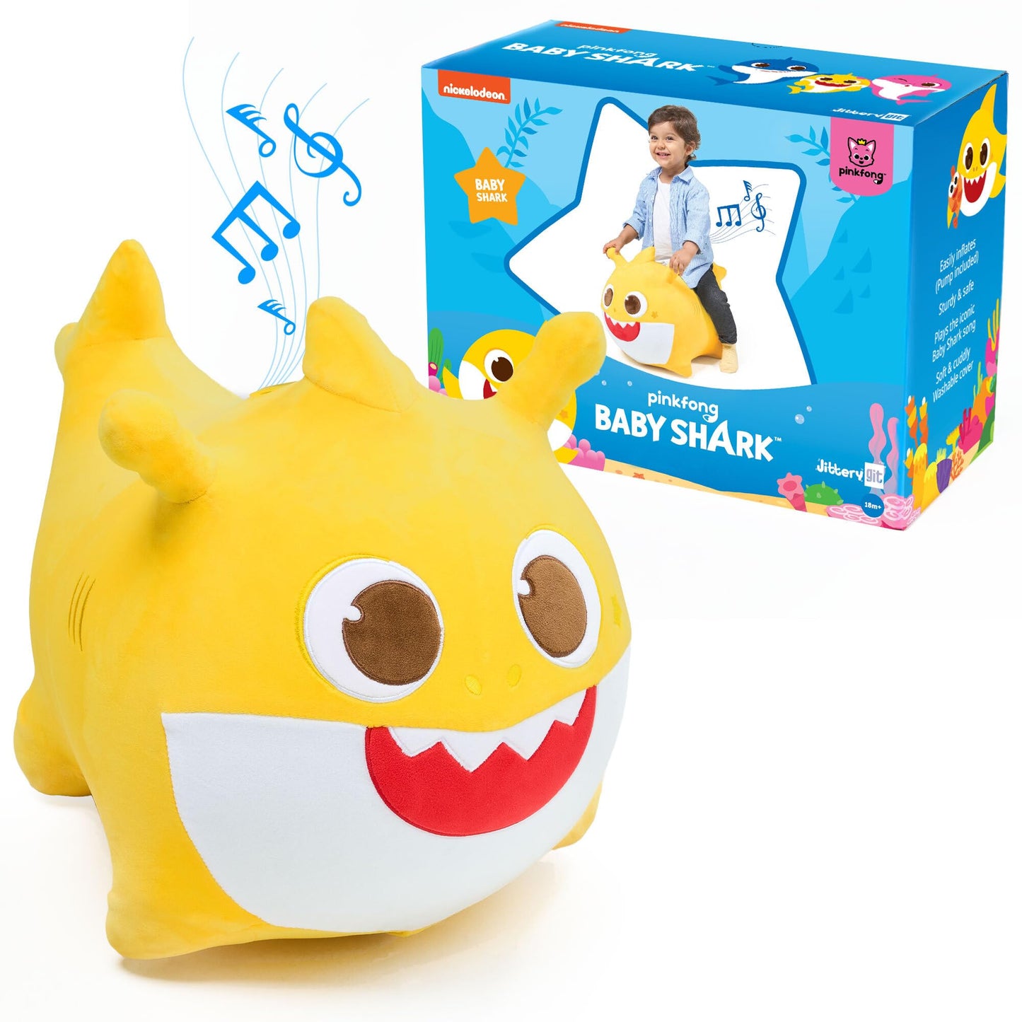 JITTERYGIT Baby Shark Bouncy Hopper - Musical Plush Ride-On for Indoor & Outdoor Fun