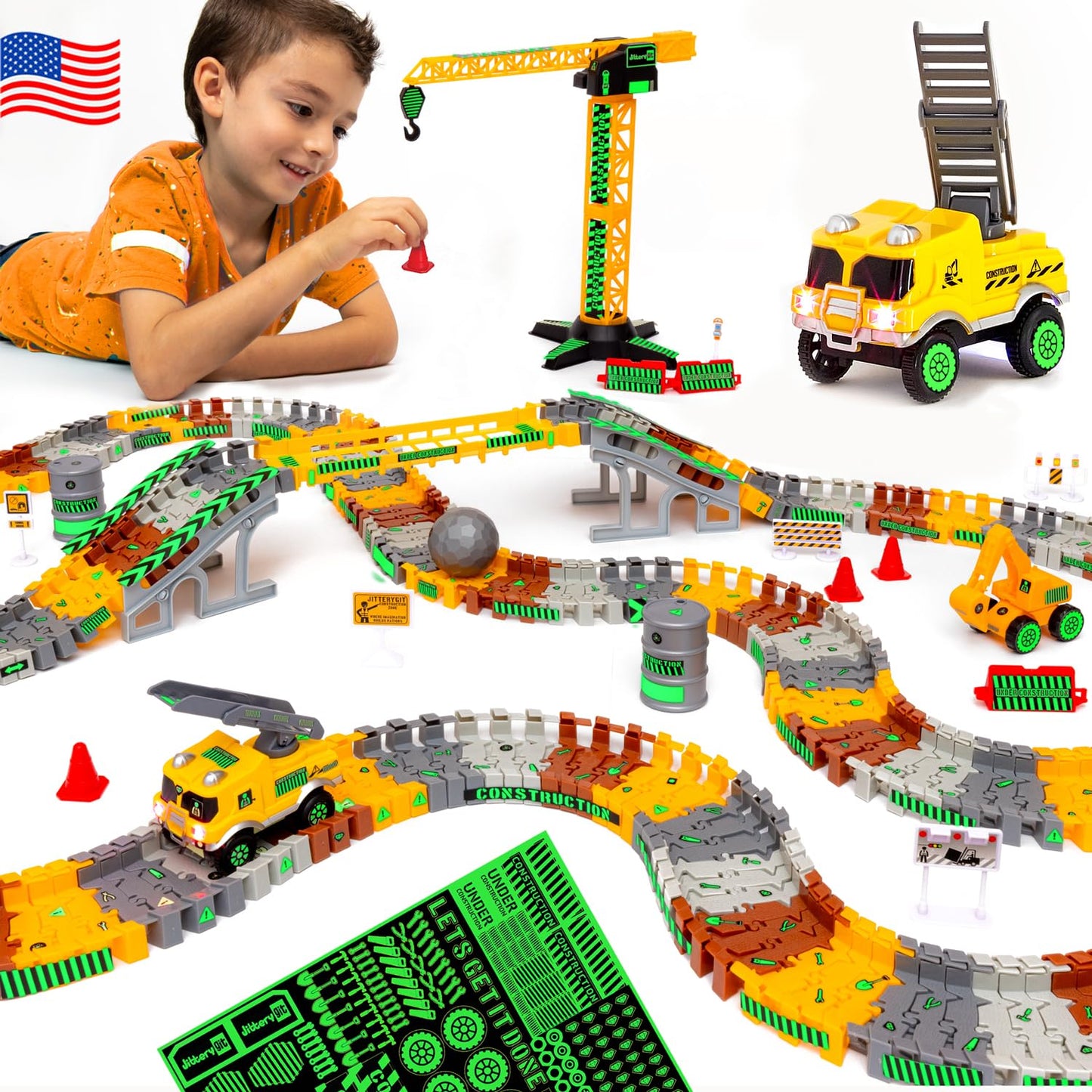 JITTERYGIT Construction Race Track Site Toy – Glow-In-The-Dark Sandbox Vehicles for Kids 3-8