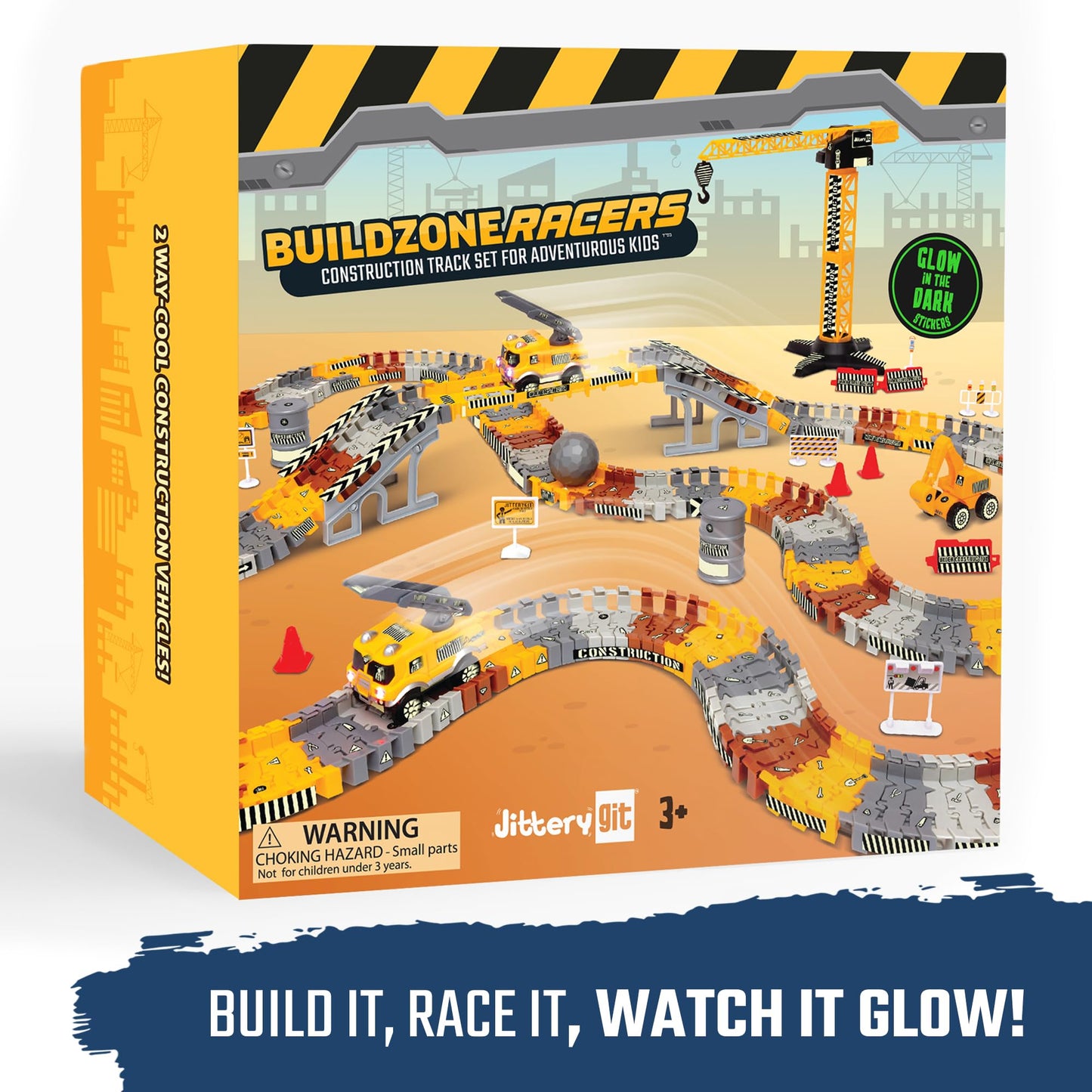 JITTERYGIT Construction Race Track Site Toy – Glow-In-The-Dark Sandbox Vehicles for Kids 3-8