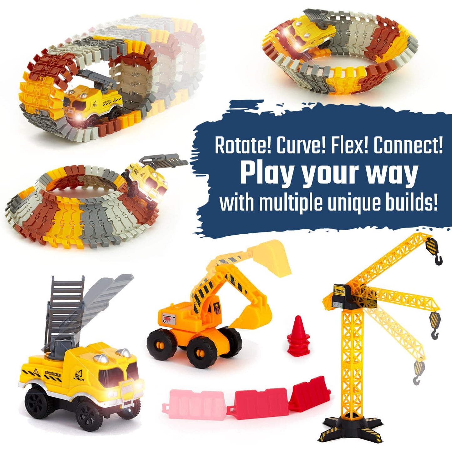 JITTERYGIT Construction Race Track Site Toy – Glow-In-The-Dark Sandbox Vehicles for Kids 3-8