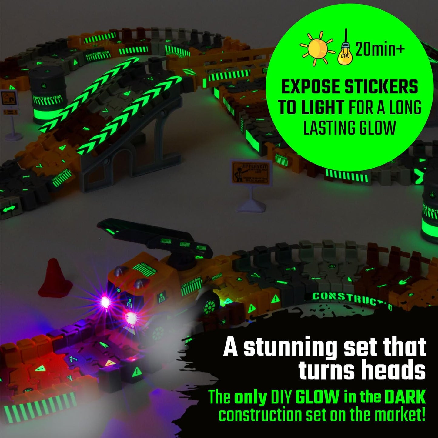 JITTERYGIT Construction Race Track Site Toy – Glow-In-The-Dark Sandbox Vehicles for Kids 3-8