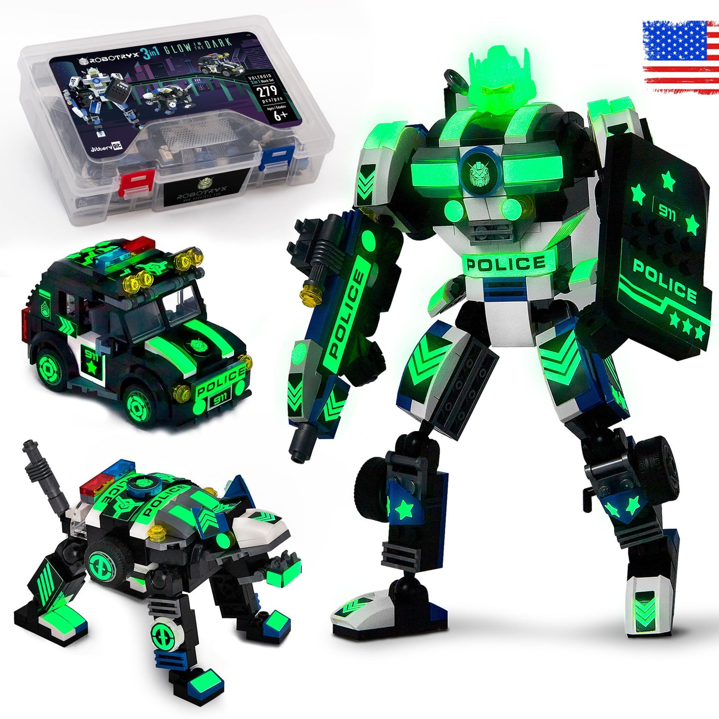 JITTERYGIT Robot Police Mech Glow-in-the-Dark Buildable STEM Toy – SWAT Action Figure Gift