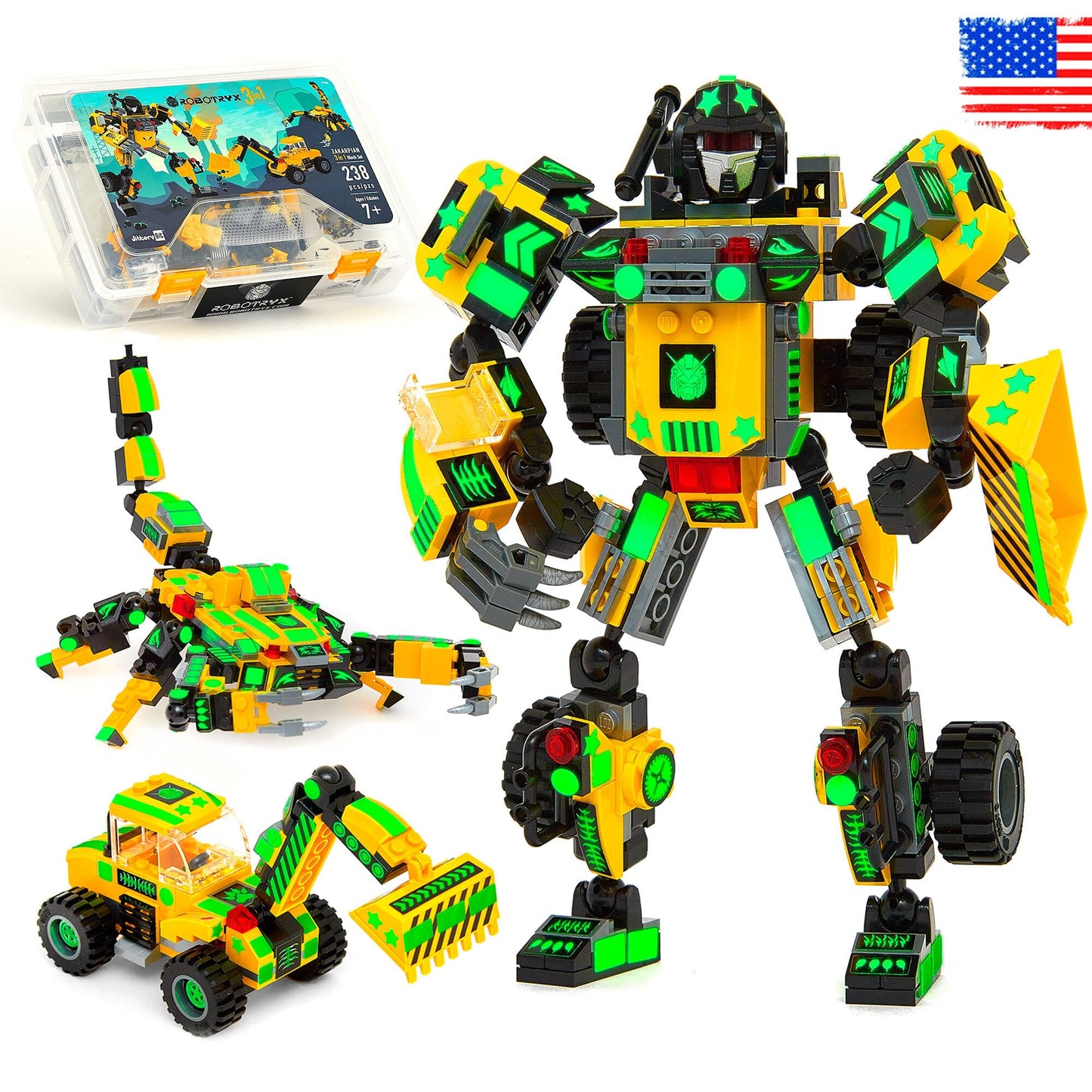 JITTERYGIT Robotryx 238-Piece STEM Builder • Glow-in-the-Dark 3-in-1 Kit for Ages 6-10