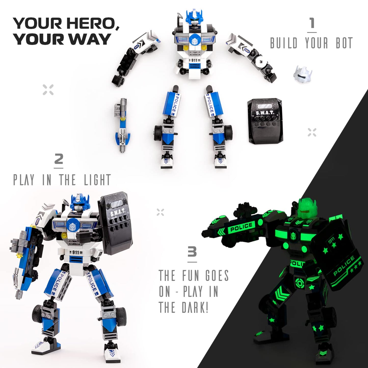 JITTERYGIT Robot Police Mech Glow-in-the-Dark Buildable STEM Toy – SWAT Action Figure Gift