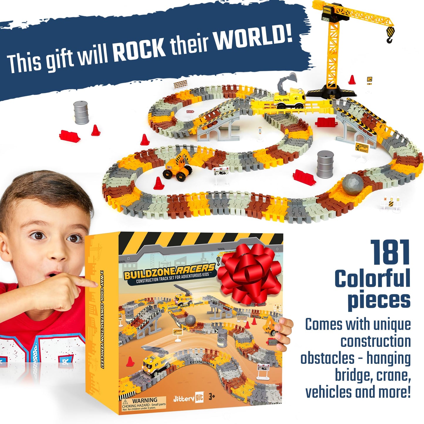 JITTERYGIT Construction Race Track Site Toy – Glow-In-The-Dark Sandbox Vehicles for Kids 3-8