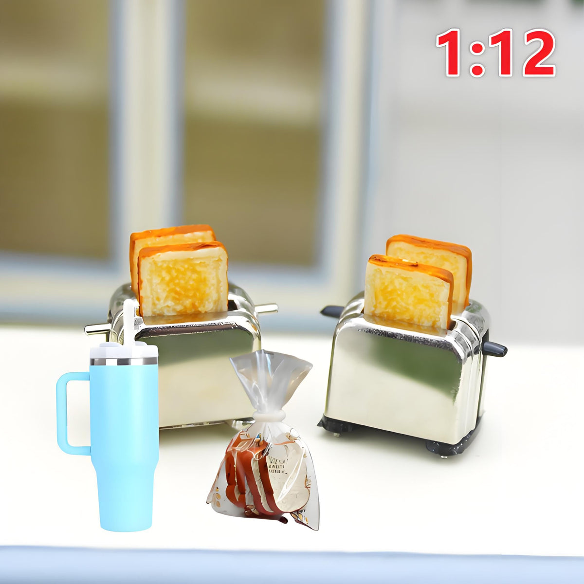 JiuGongmoup 2Pcs Miniature Drink Cup & Toast Set – 1/12 Scale Light Blue Tumblers with Lids & Straws