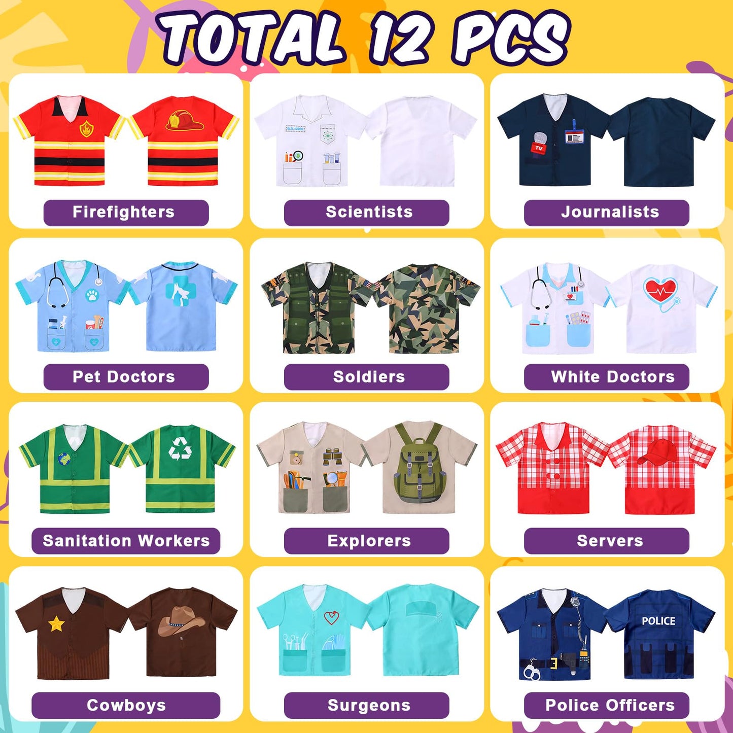 Jiuguva 12-Piece Kids Role Play Costumes Set – Firefighter, Police, Doctor, Nurse, Cowboy, Scientist & More for Ages 3-8