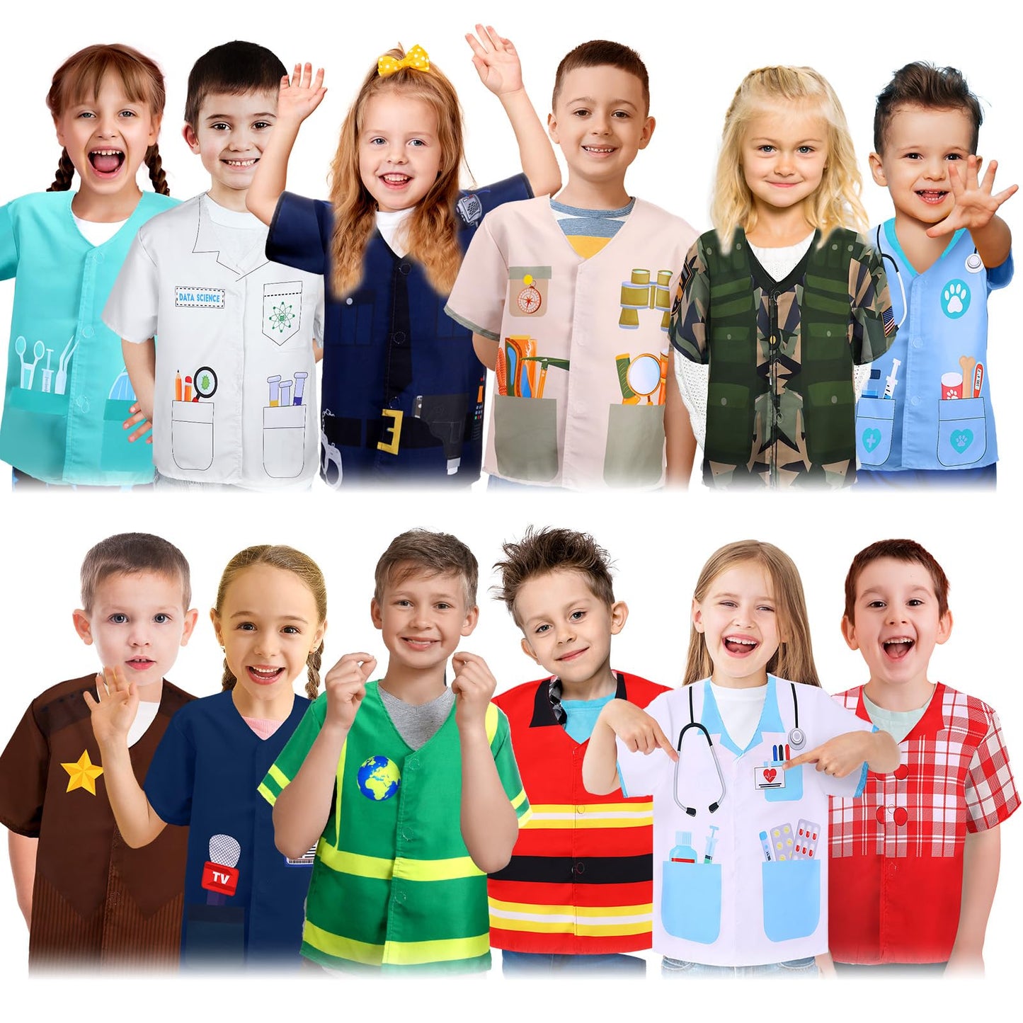 Jiuguva 12-Piece Kids Role Play Costumes Set – Firefighter, Police, Doctor, Nurse, Cowboy, Scientist & More for Ages 3-8