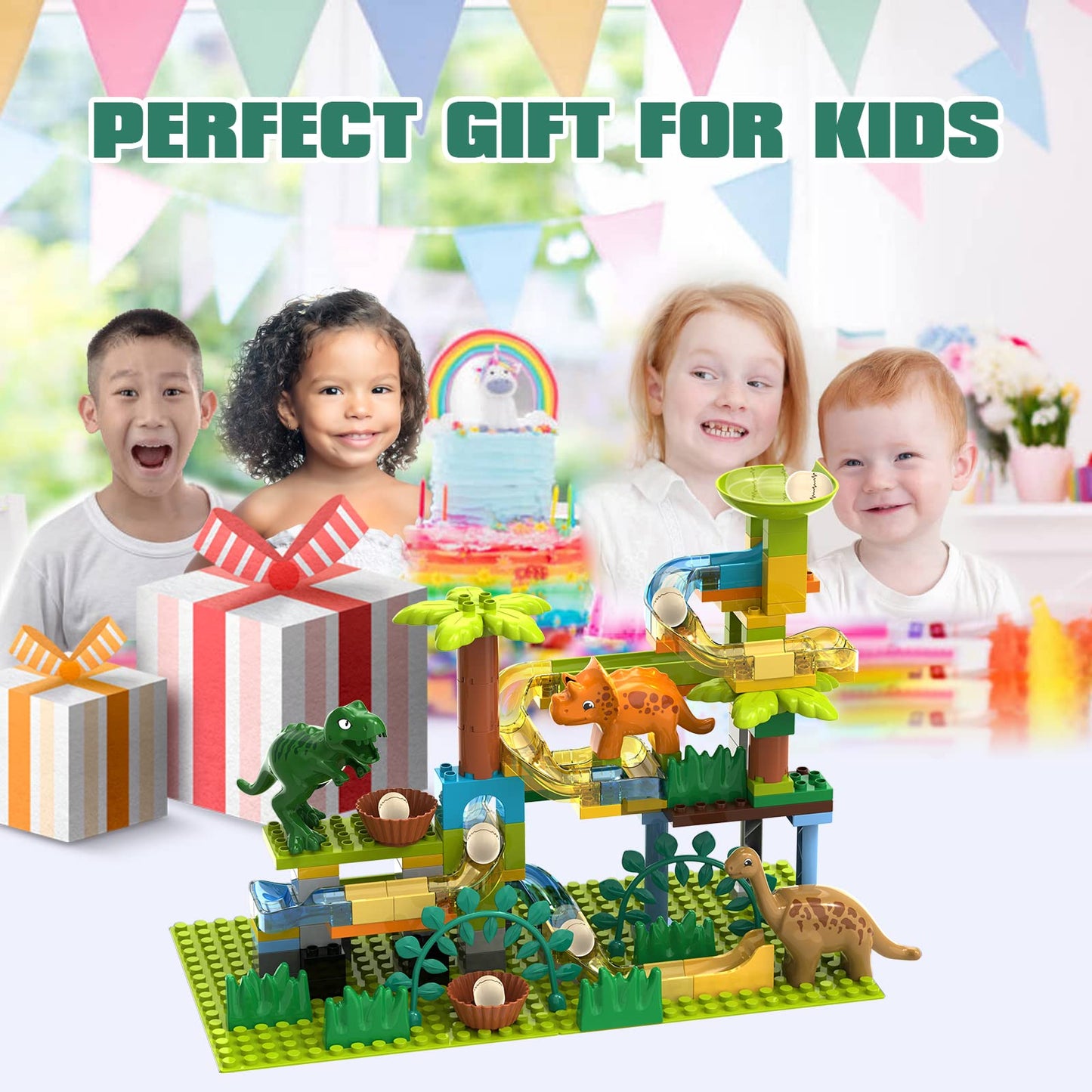 JIXIN Dinosaur Marble Run – 125-Piece STEM Building Set, DUPLO-Compatible for Kids 3–8