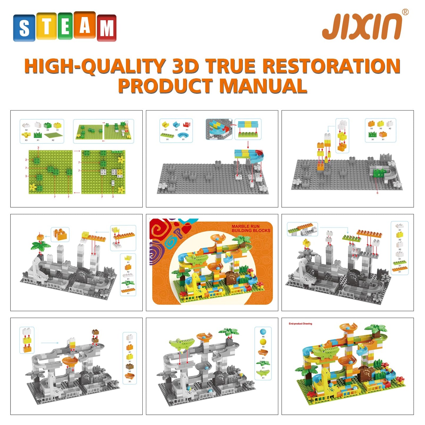 JIXIN Dinosaur Marble Run for Kids 4-8 | 187Pcs Building Blocks Compatible with LEGO DUPLO | STEM Montessori Toy