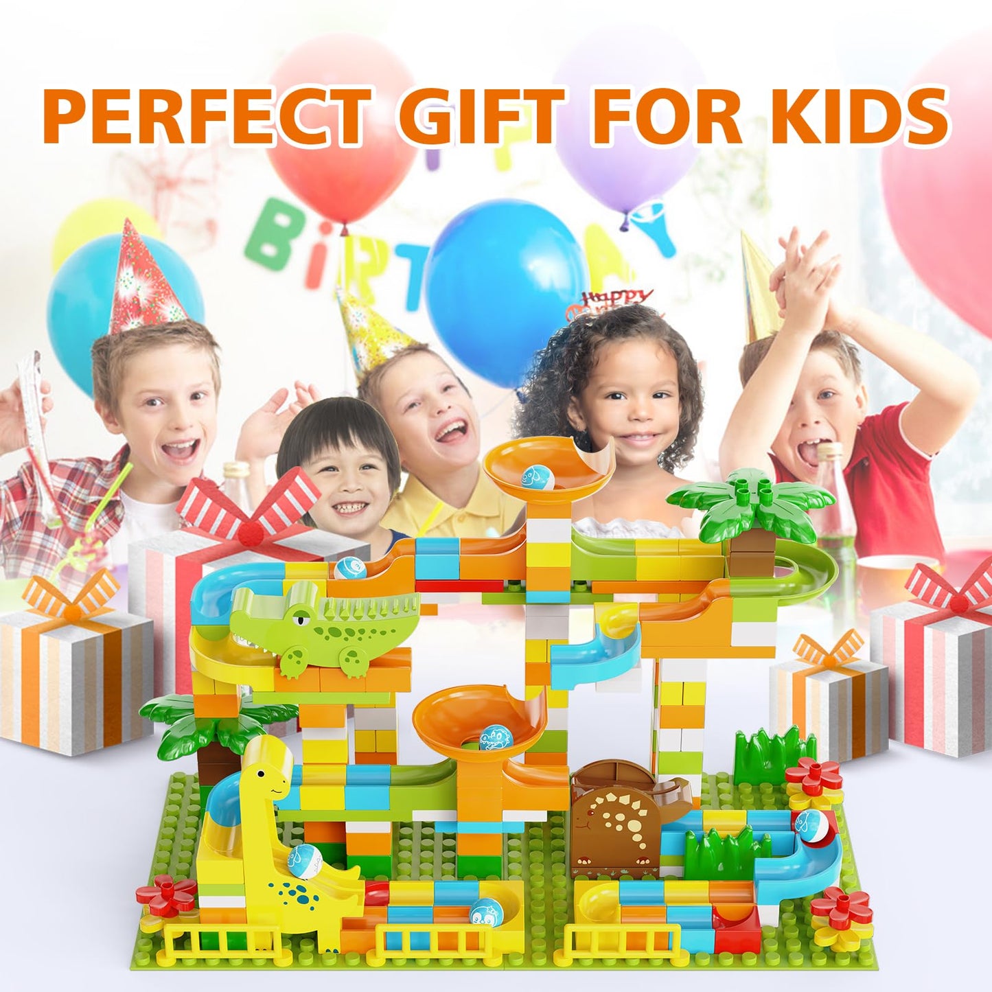 JIXIN Dinosaur Marble Run for Kids 4-8 | 187Pcs Building Blocks Compatible with LEGO DUPLO | STEM Montessori Toy