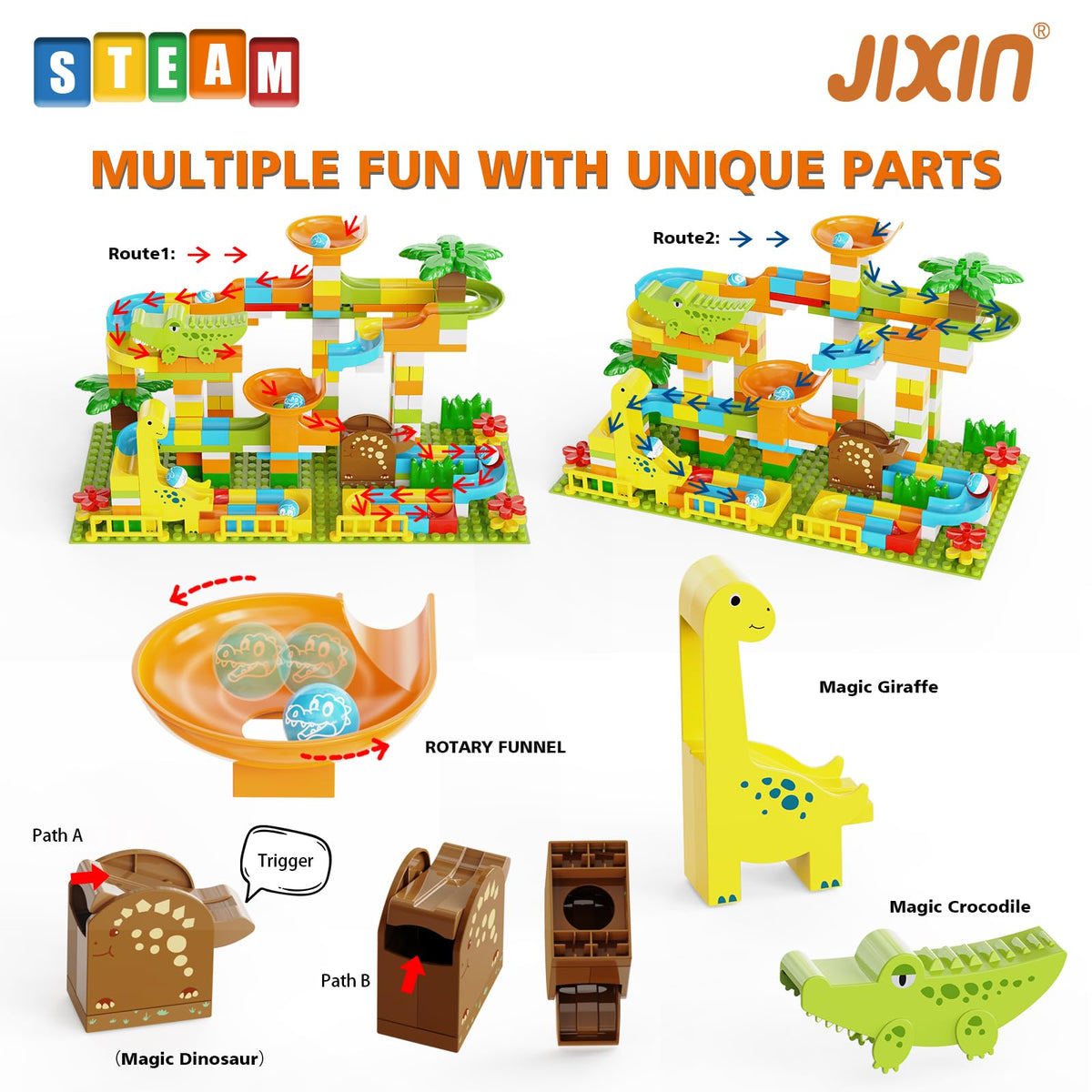 JIXIN Dinosaur Marble Run for Kids 4-8 | 187Pcs Building Blocks Compatible with LEGO DUPLO | STEM Montessori Toy