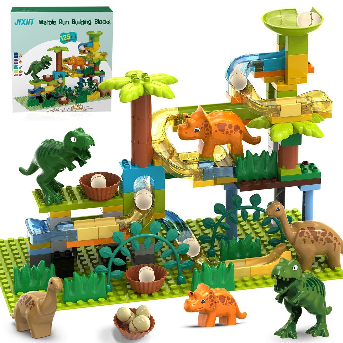 JIXIN Dinosaur Marble Run – 125-Piece STEM Building Set, DUPLO-Compatible for Kids 3–8