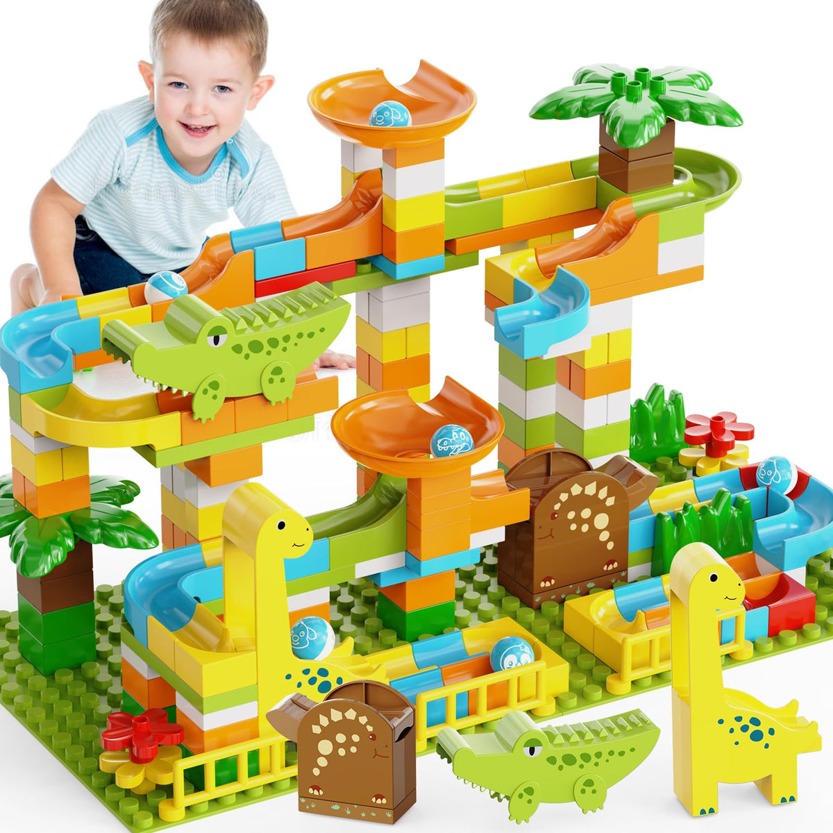 JIXIN Dinosaur Marble Run for Kids 4-8 | 187Pcs Building Blocks Compatible with LEGO DUPLO | STEM Montessori Toy