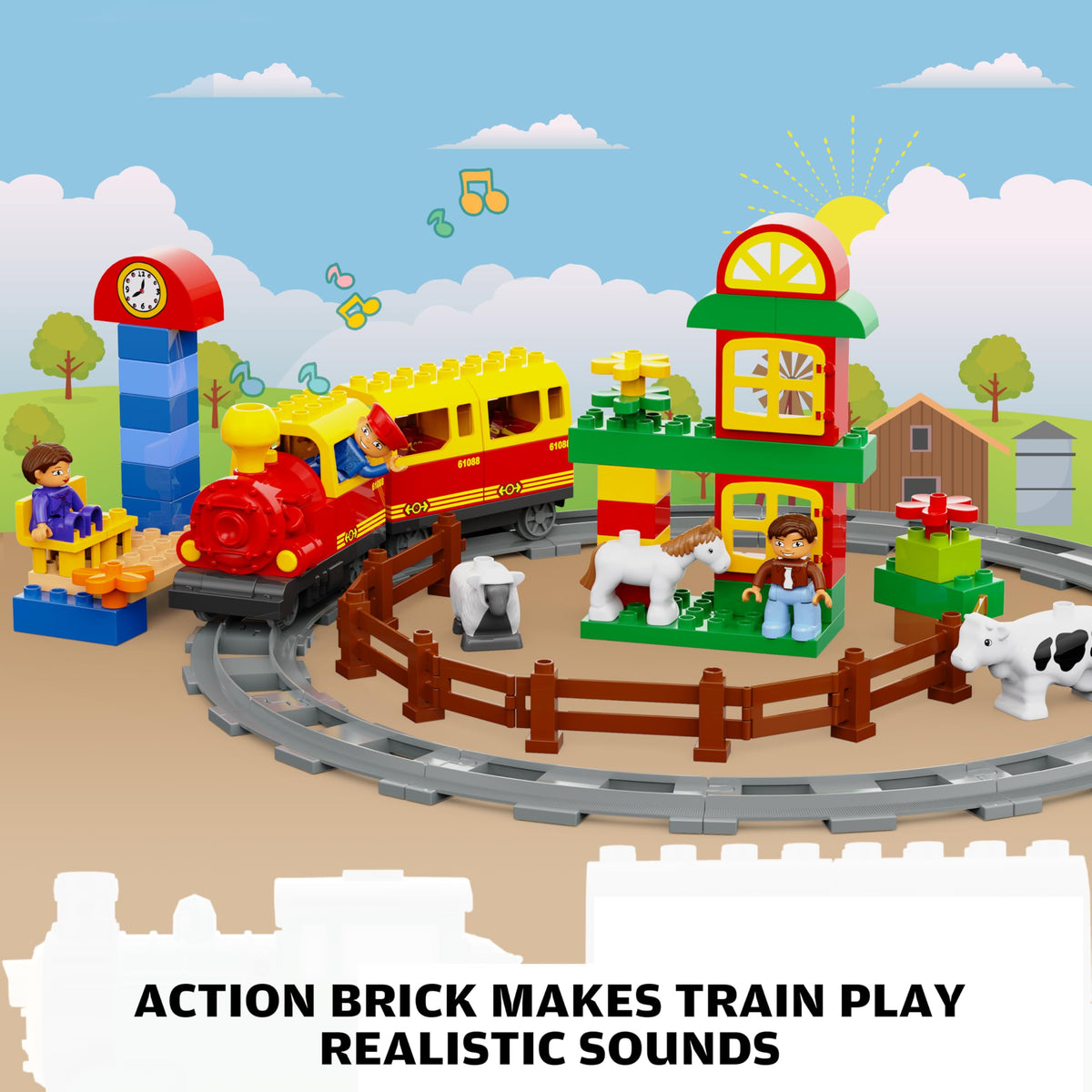 JIXIN Electric Train Toys with Farm Animals Set – Music, Lights & LEGO DUPLO Compatible Tracks