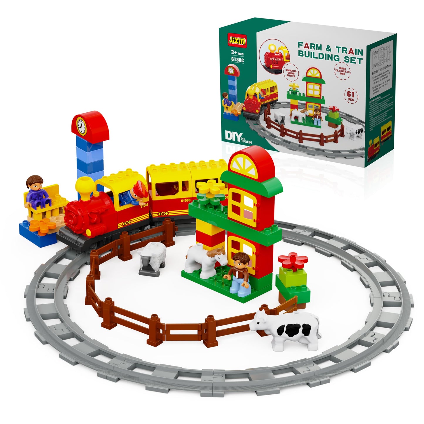 JIXIN Electric Train Toys with Farm Animals Set – Music, Lights & LEGO DUPLO Compatible Tracks