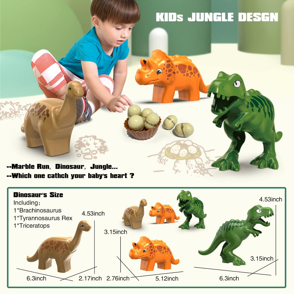 JIXIN Dinosaur Marble Run – 125-Piece STEM Building Set, DUPLO-Compatible for Kids 3–8