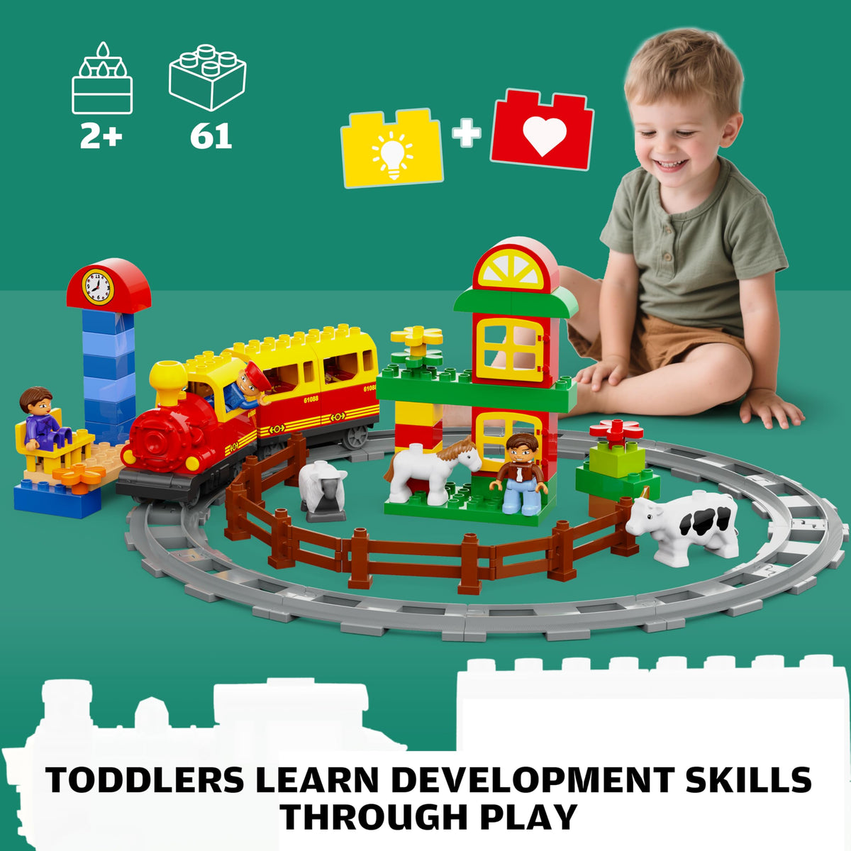 JIXIN Electric Train Toys with Farm Animals Set – Music, Lights & LEGO DUPLO Compatible Tracks