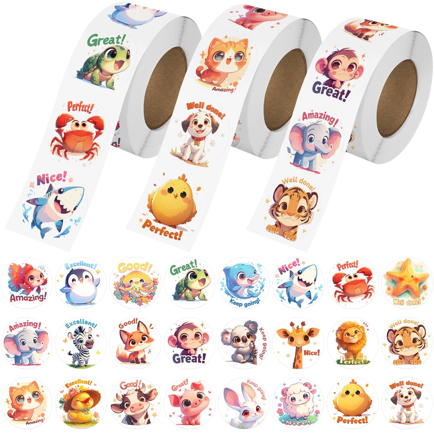 JIXZEN 1.5 Inch Animal Stickers – 3 Rolls, 1500 pcs, 24 Designs (Farm/Ocean/Wild) for Potty Training & Classroom Rewards
