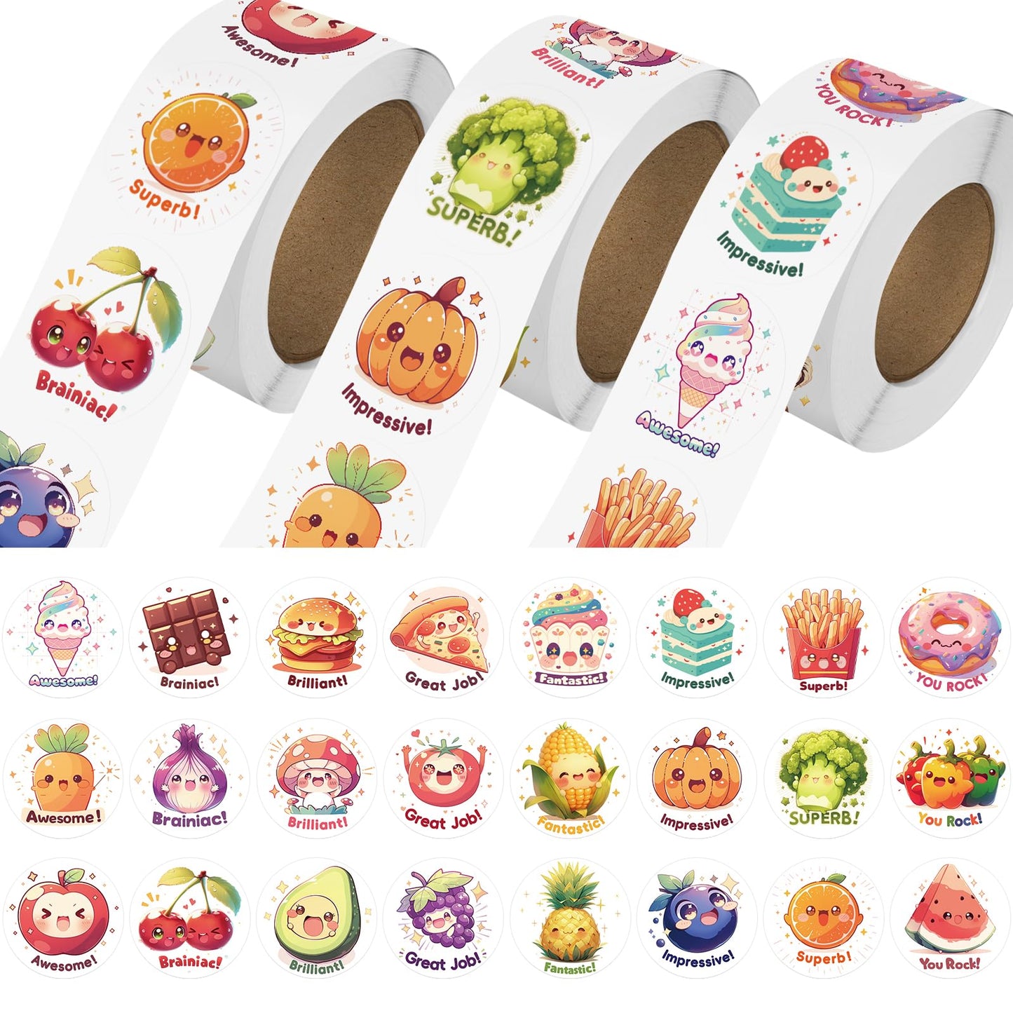 JIXZEN 3 Rolls Cute Food Stickers for Toddlers (1.0 Inch) – 1500 Vinyl Stickers, 24 Designs, Classroom Prizes