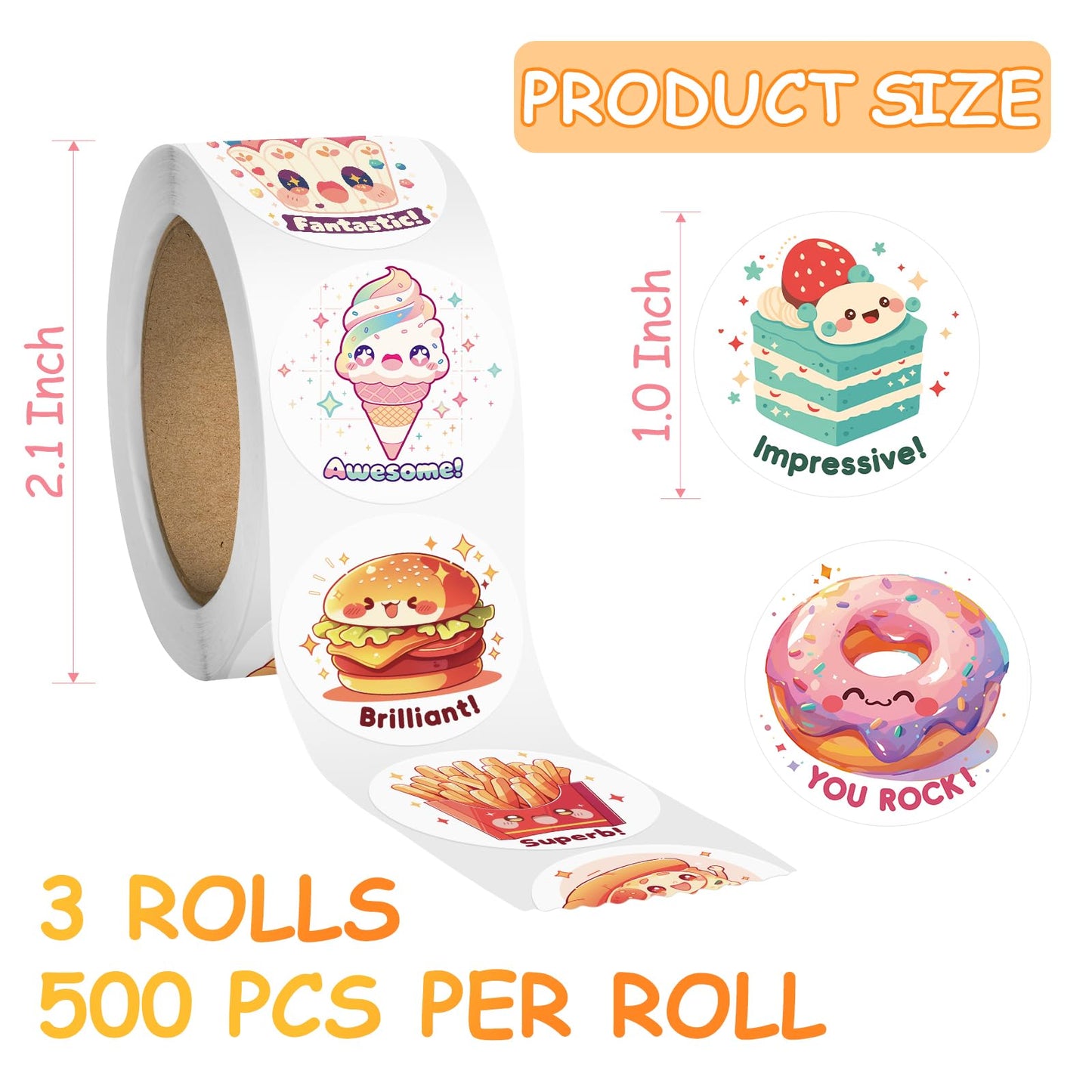 JIXZEN 3 Rolls Cute Food Stickers for Toddlers (1.0 Inch) – 1500 Vinyl Stickers, 24 Designs, Classroom Prizes