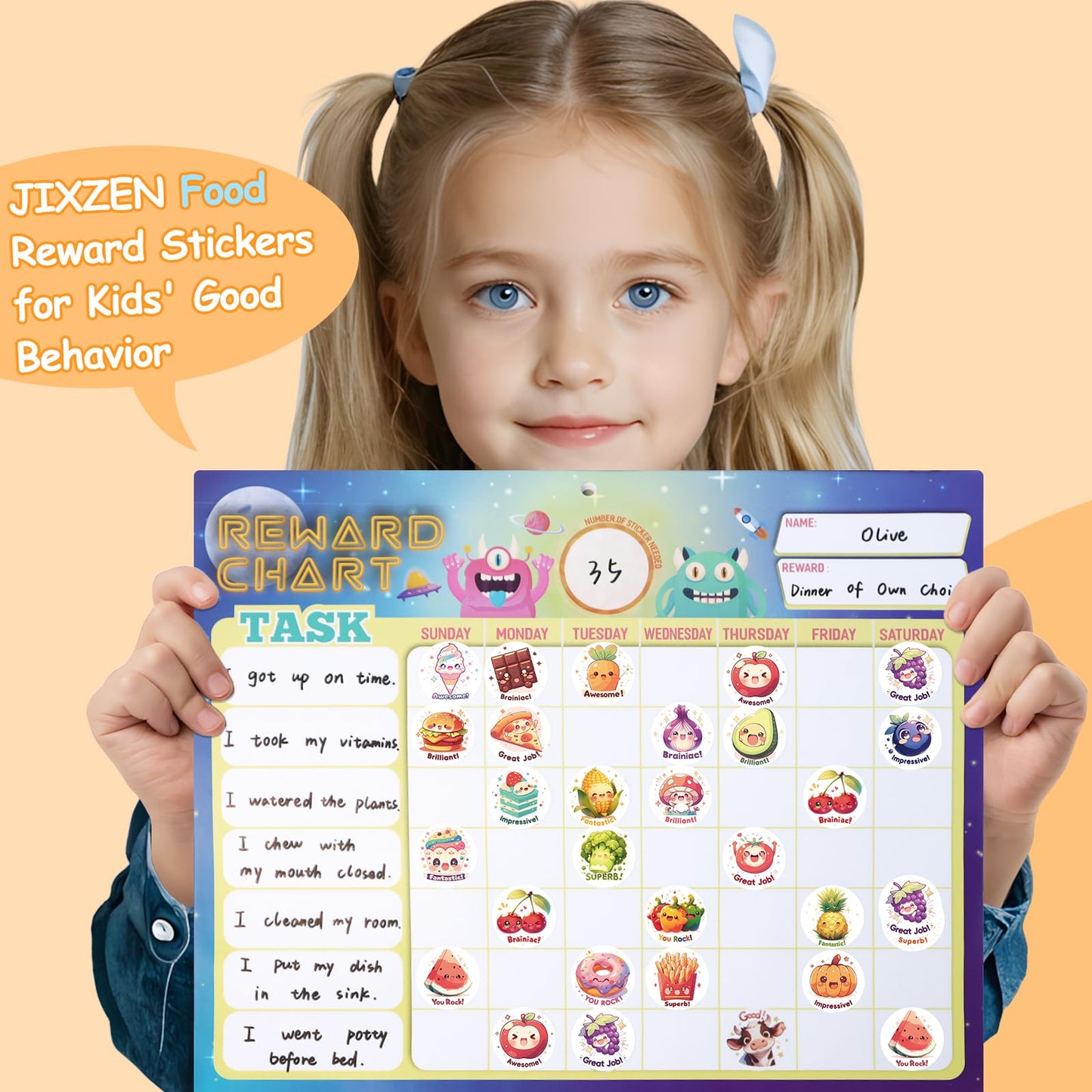JIXZEN 3 Rolls Cute Food Stickers for Toddlers (1.0 Inch) – 1500 Vinyl Stickers, 24 Designs, Classroom Prizes