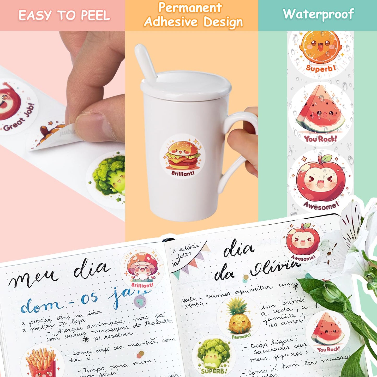 JIXZEN 3 Rolls Cute Food Stickers for Toddlers (1.0 Inch) – 1500 Vinyl Stickers, 24 Designs, Classroom Prizes