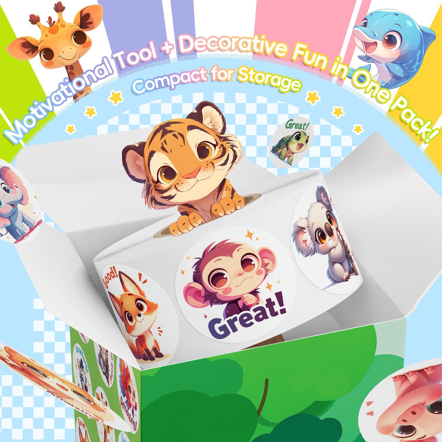 JIXZEN 1.5 Inch Animal Stickers – 3 Rolls, 1500 pcs, 24 Designs (Farm/Ocean/Wild) for Potty Training & Classroom Rewards