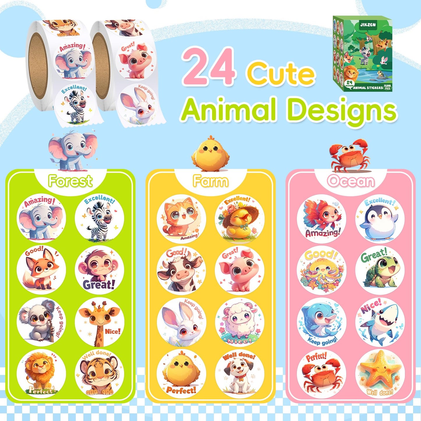 JIXZEN 1.5 Inch Animal Stickers – 3 Rolls, 1500 pcs, 24 Designs (Farm/Ocean/Wild) for Potty Training & Classroom Rewards
