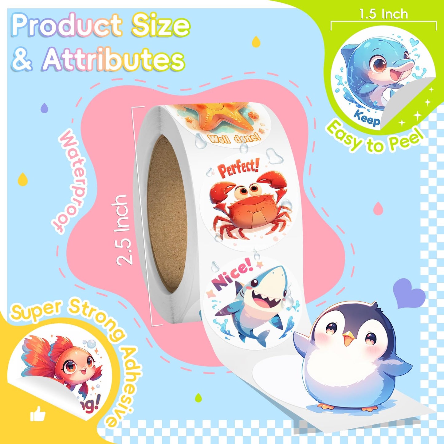 JIXZEN 1.5 Inch Animal Stickers – 3 Rolls, 1500 pcs, 24 Designs (Farm/Ocean/Wild) for Potty Training & Classroom Rewards