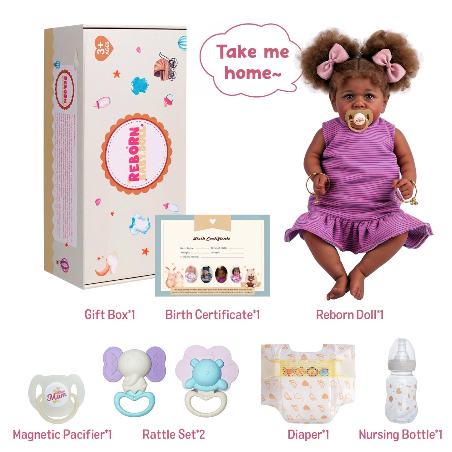 JIZHI Reborn 22in Baby Dolls – Lifelike Soft Body Newborn, Taupe Eyes, Caramel Skin, Pink Striped Skirt, Gift for Kids 3+