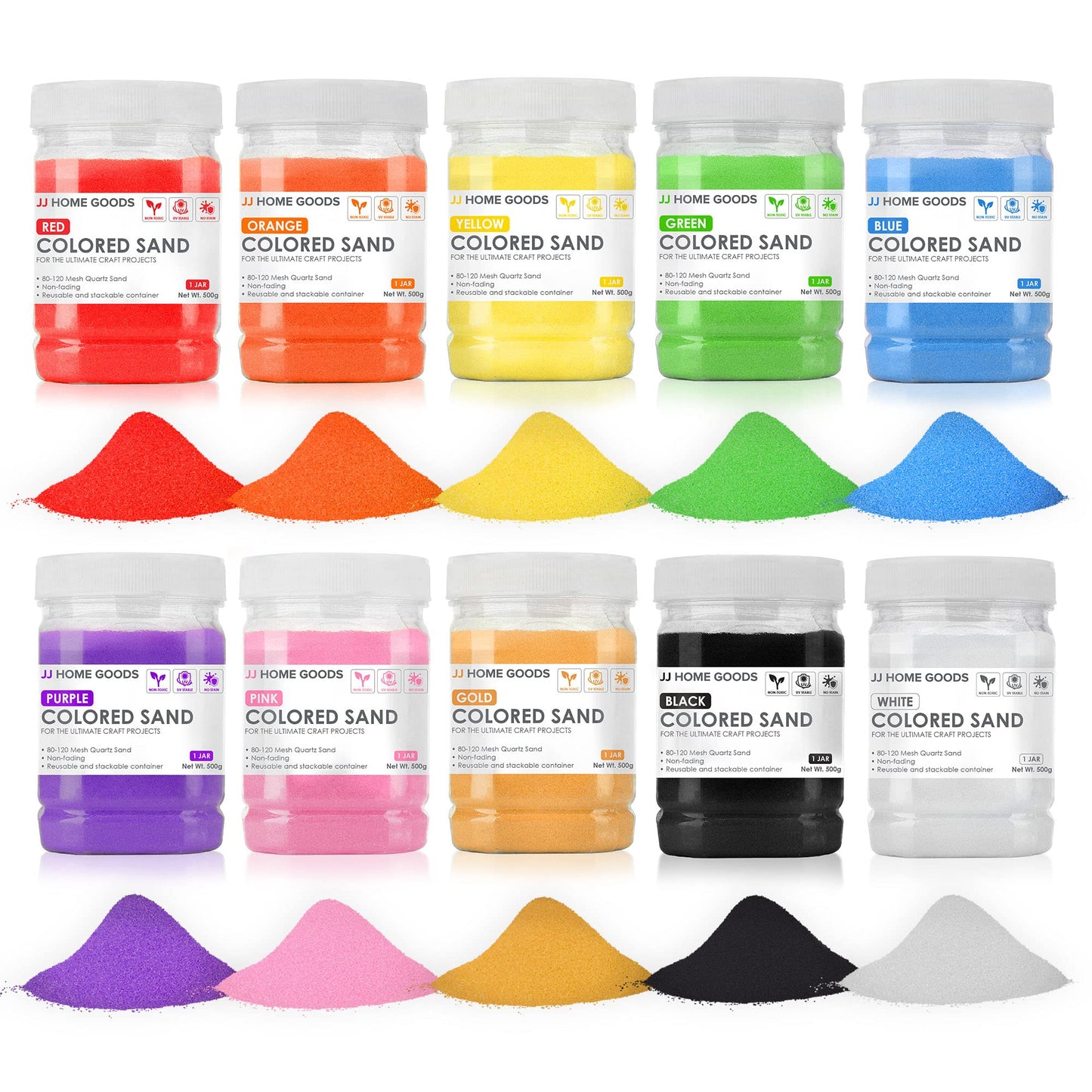 JJ CARE Colored Sand Kit – 11 lbs, 10 Bottles, Non-Toxic UV-Stable Craft Sand for Kids