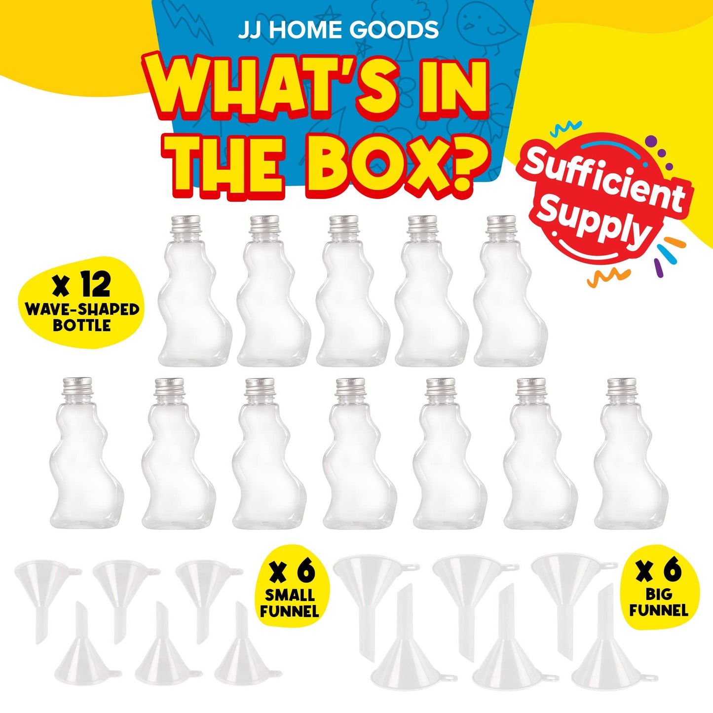JJ CARE Sand Art Bottles – 12 Wave-Shaped Bottles + 6 Small & 6 Large Funnels