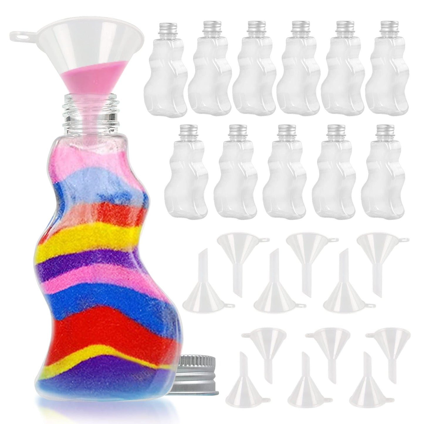 JJ CARE Sand Art Bottles – 12 Wave-Shaped Bottles + 6 Small & 6 Large Funnels