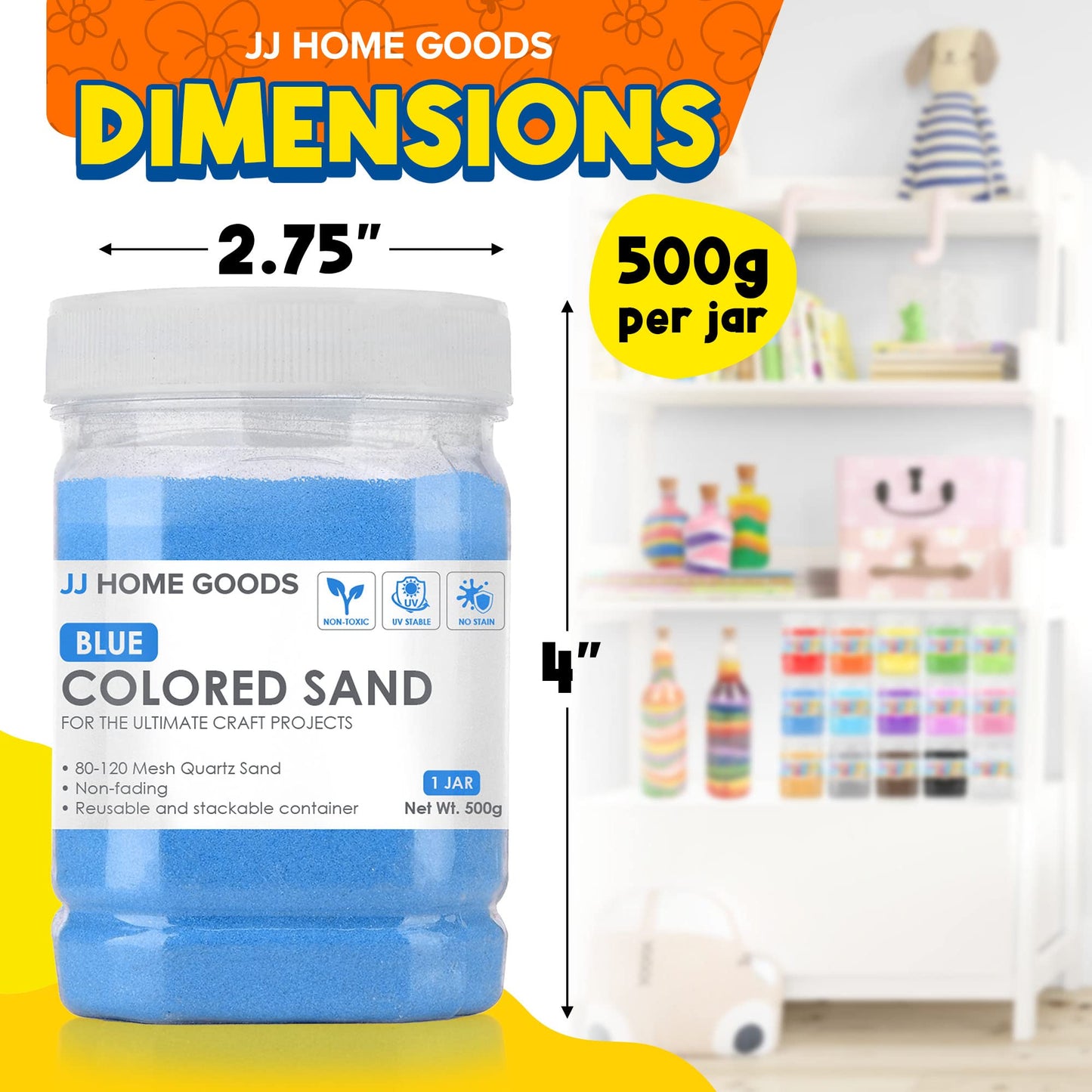 JJ CARE Colored Sand Kit – 11 lbs, 10 Bottles, Non-Toxic UV-Stable Craft Sand for Kids