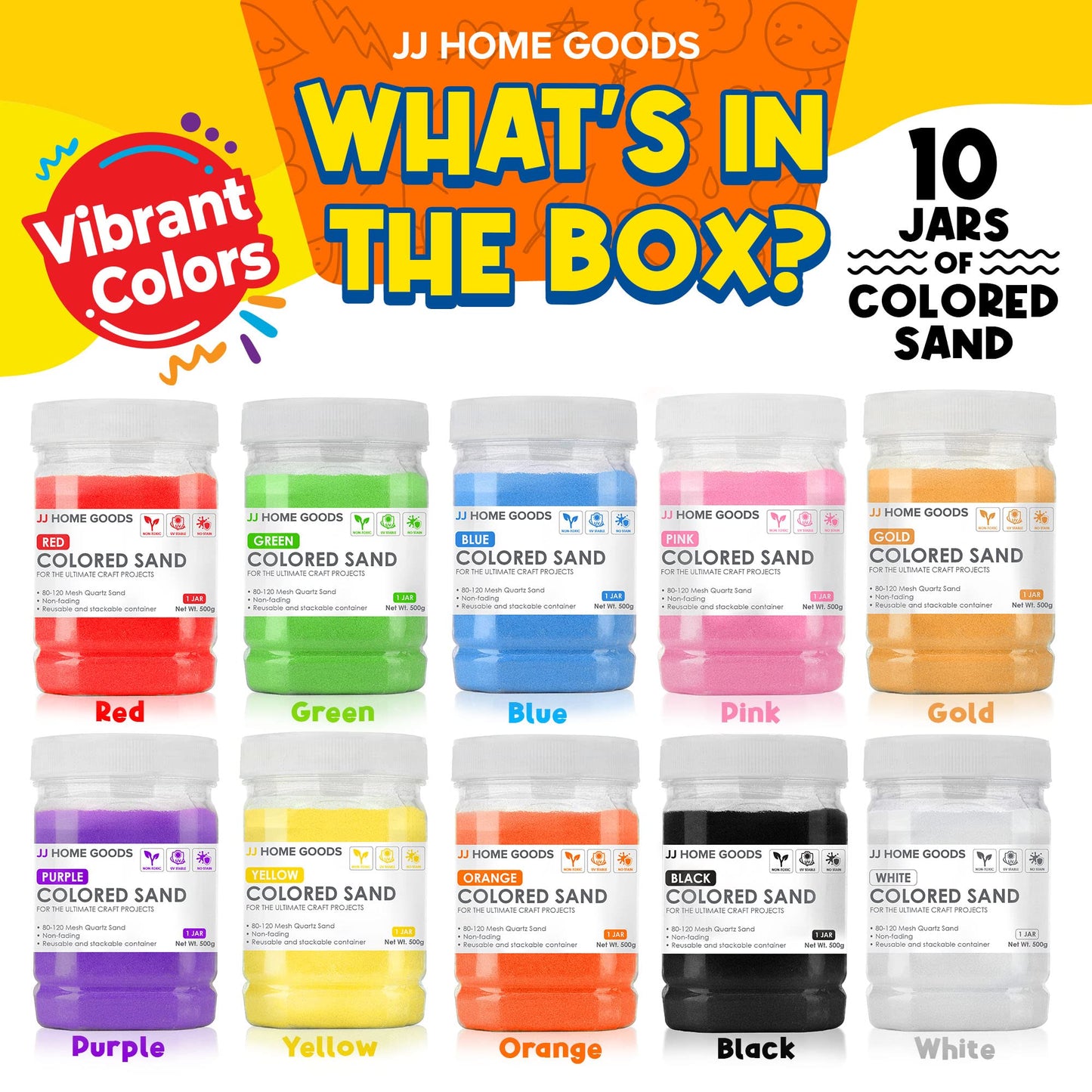 JJ CARE Colored Sand Kit – 11 lbs, 10 Bottles, Non-Toxic UV-Stable Craft Sand for Kids