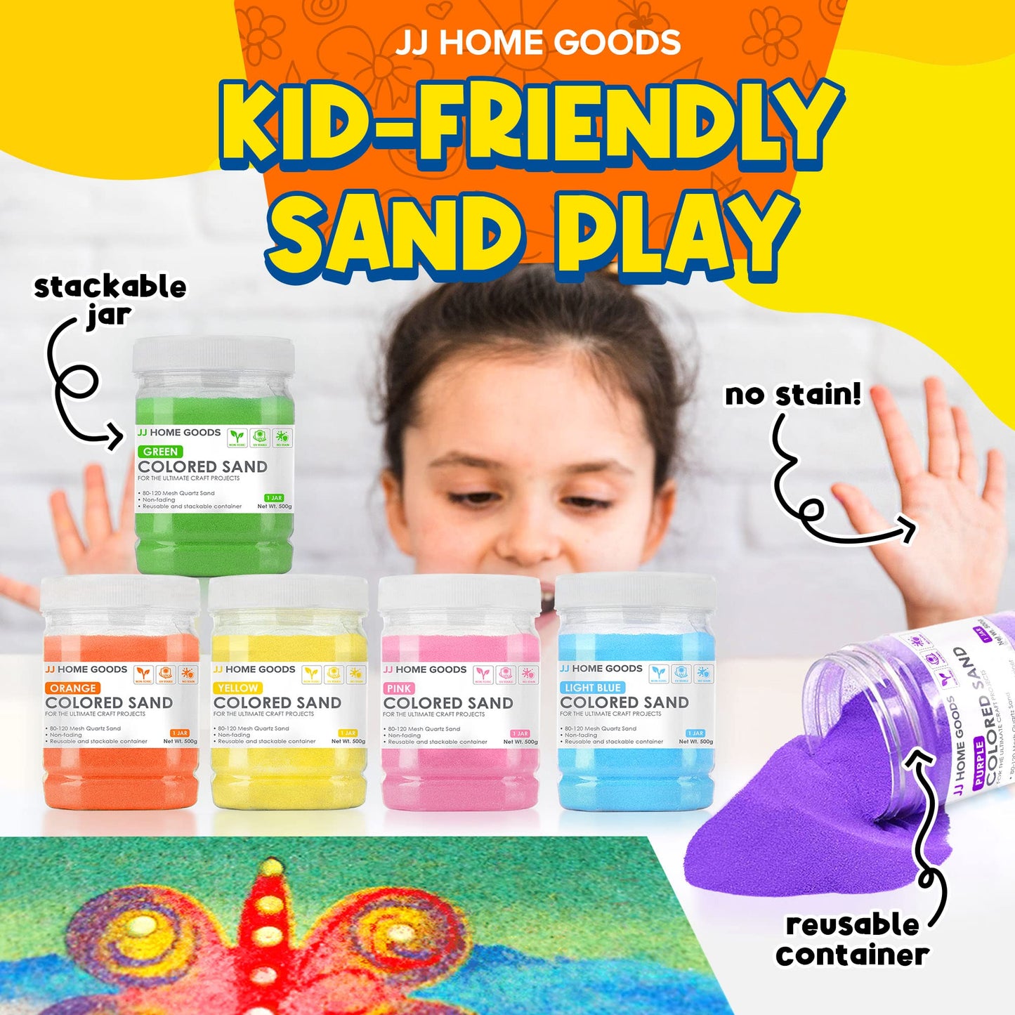 JJ CARE Colored Sand Kit – 11 lbs, 10 Bottles, Non-Toxic UV-Stable Craft Sand for Kids