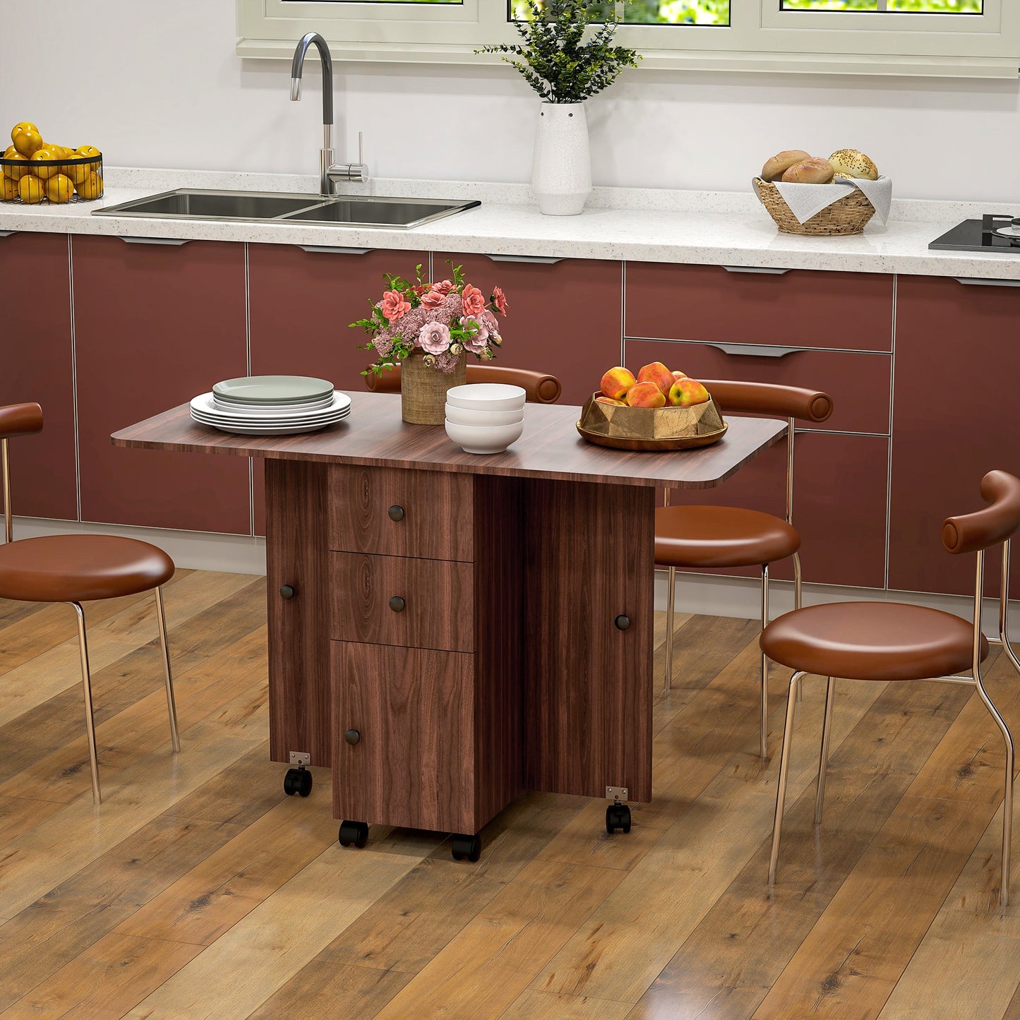 HOMCOM Folding Dining Table, Drop Leaf Table With Drawers Distressed Brown
