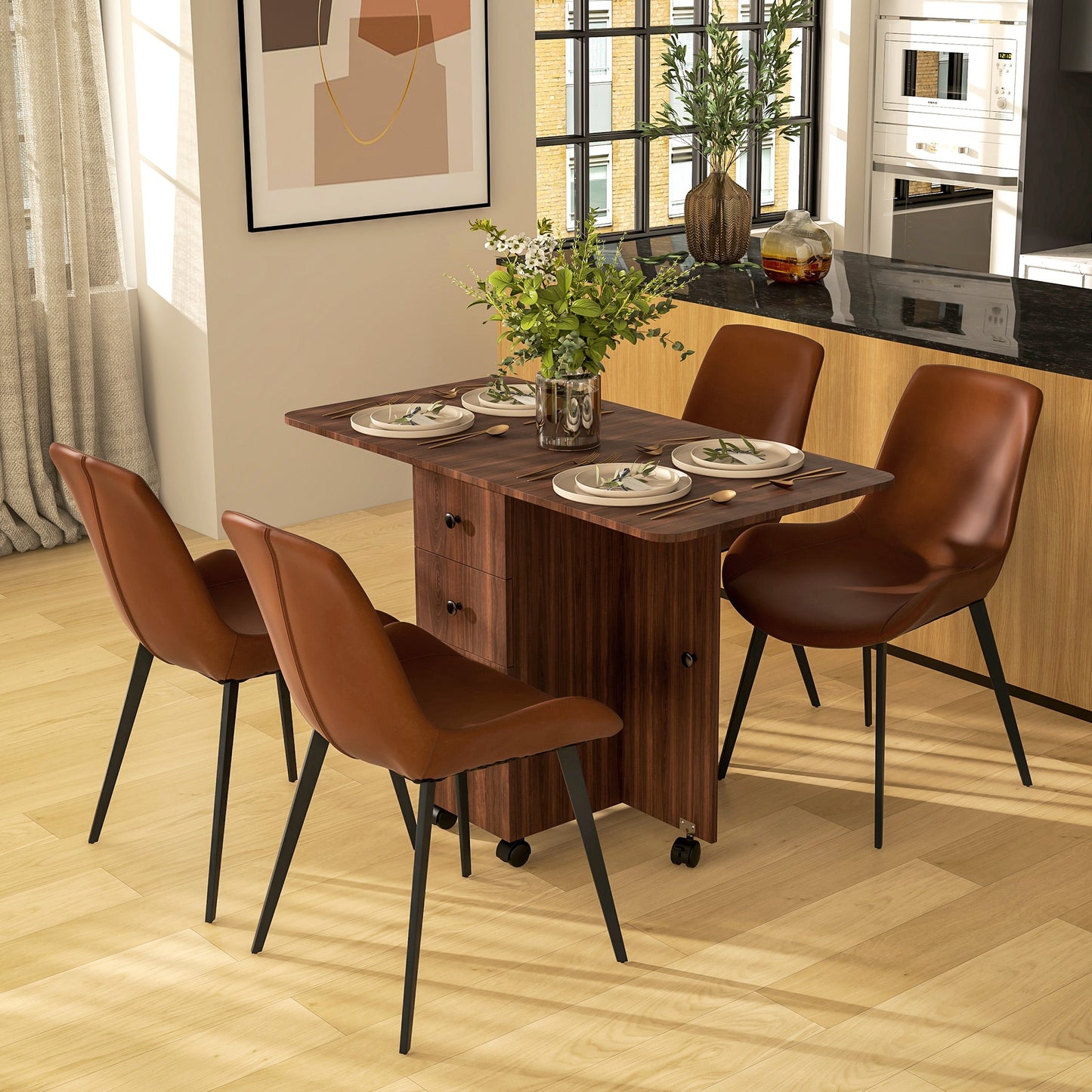 HOMCOM Folding Dining Table, Drop Leaf Table With Drawers Distressed Brown