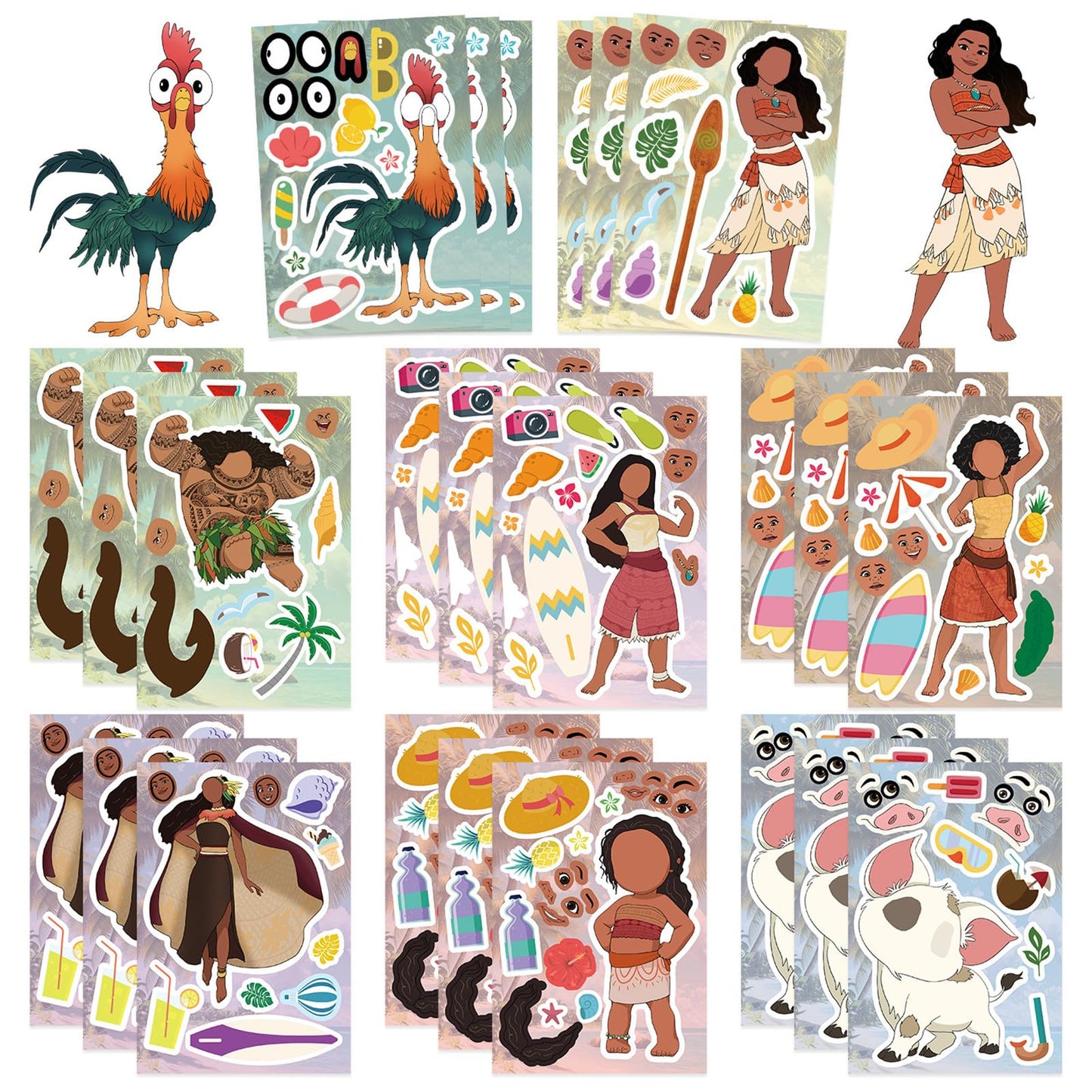 JJlin Moana Themed Stickers Pack – 24 Sheets, 8 Patterns, Waterproof Vinyl