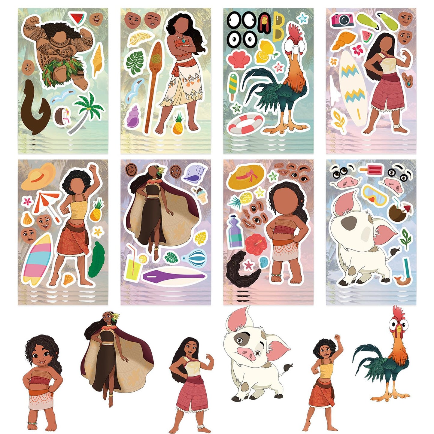 JJlin Moana Themed Stickers Pack – 24 Sheets, 8 Patterns, Waterproof Vinyl