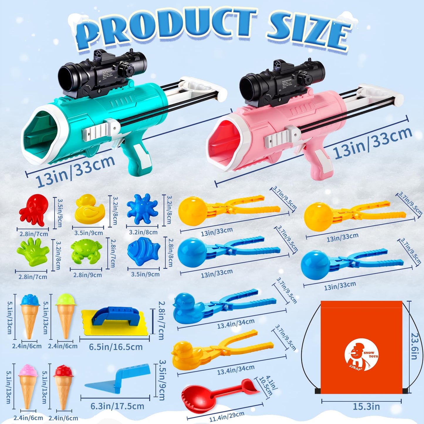 JJRAP 28 Pack Snow Toys – Snowball Launcher, Duck Snowball Makers & Sand Molds for Kids