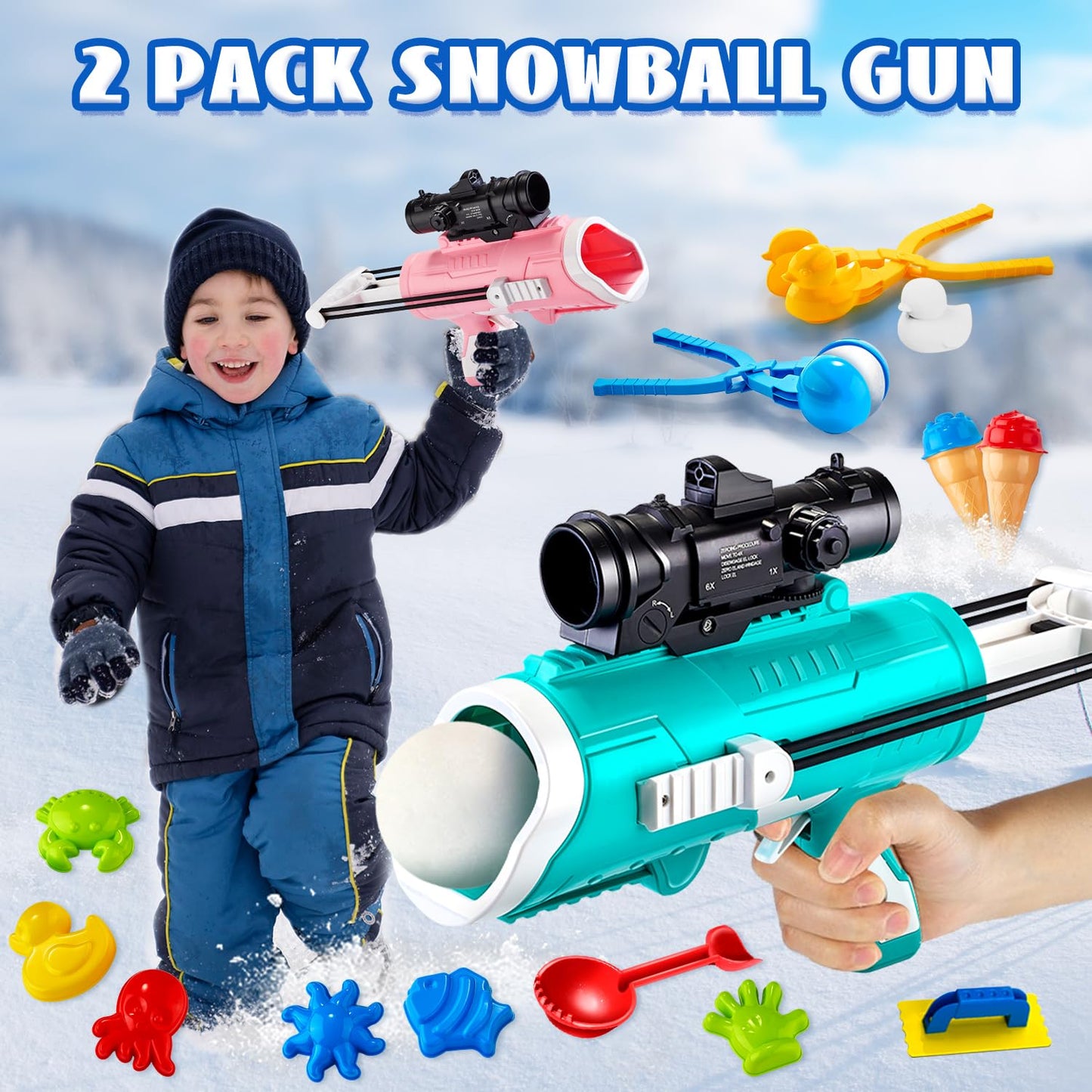 JJRAP 28 Pack Snow Toys – Snowball Launcher, Duck Snowball Makers & Sand Molds for Kids