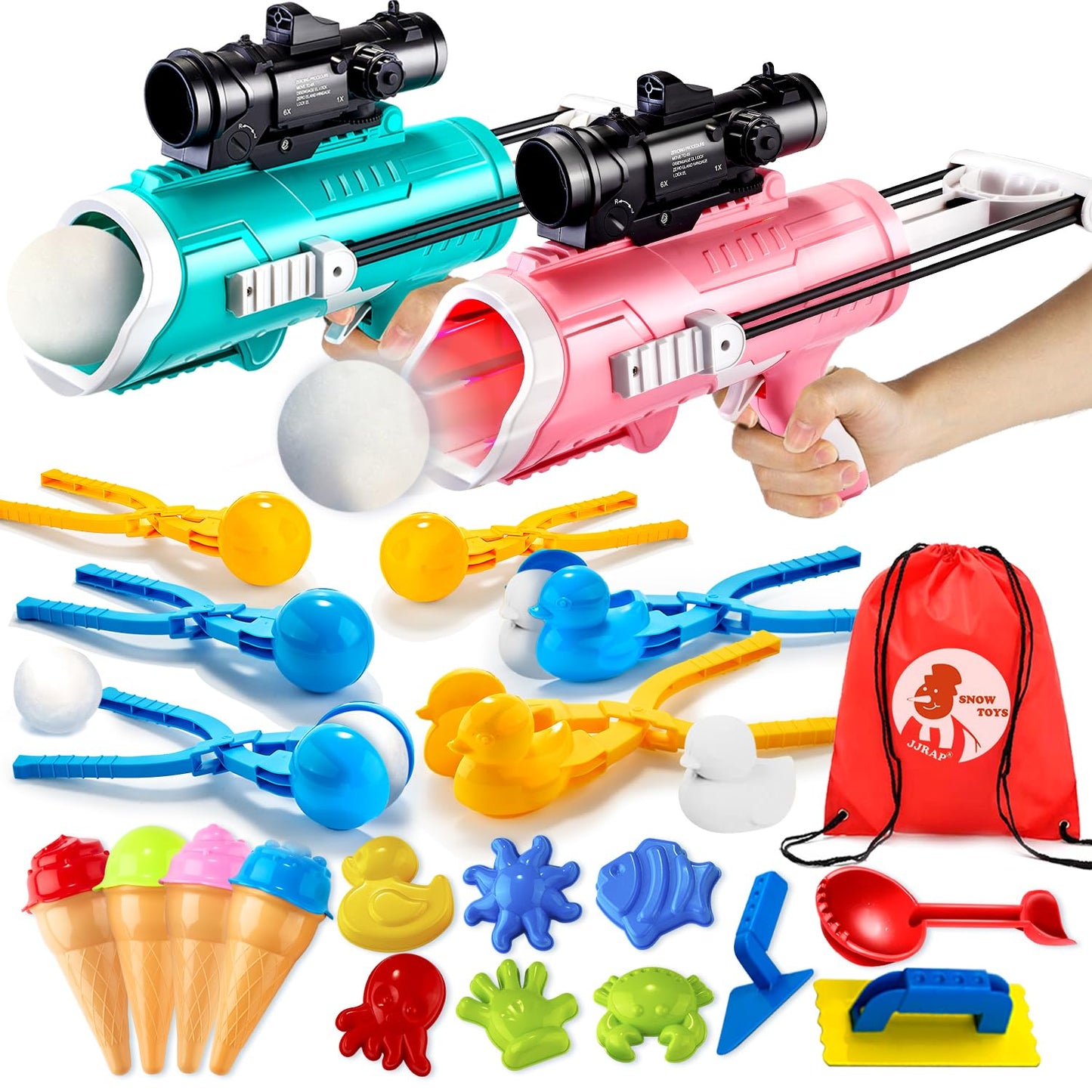 JJRAP 28 Pack Snow Toys – Snowball Launcher, Duck Snowball Makers & Sand Molds for Kids