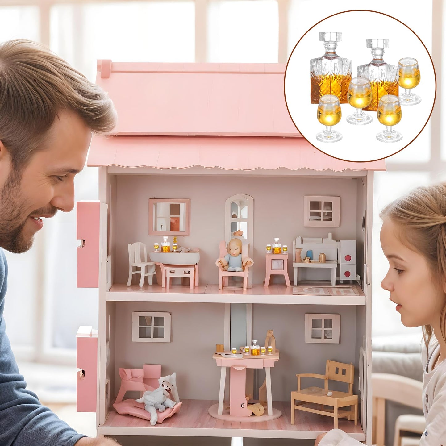 JJUNW 6 Pcs 1:12 Scale Dollhouse Miniature Bottles Set | Brown Resin Wine & Whiskey