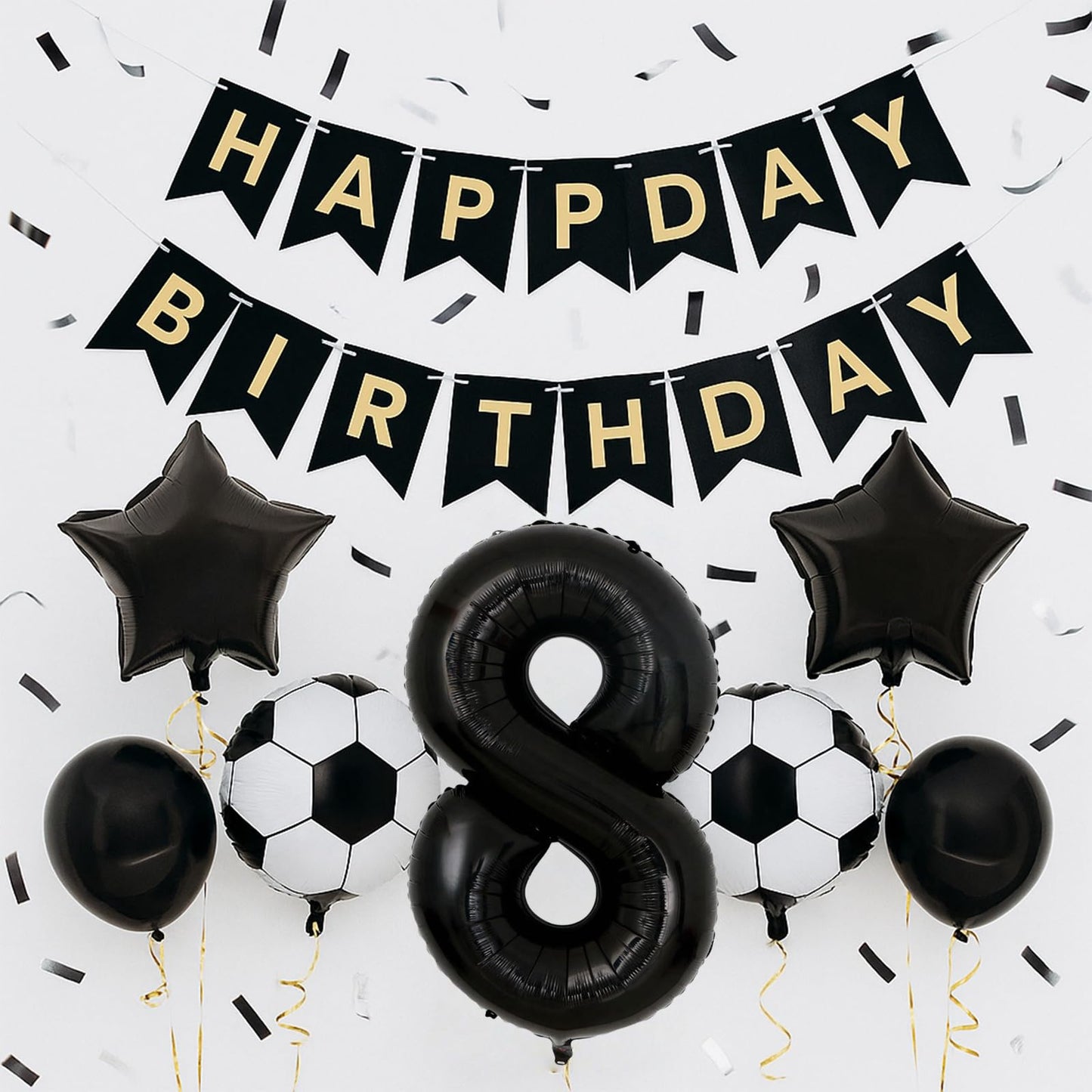 JKGOO 40-Inch Black Number 8 Balloons Set for Soccer Parties – Includes Soccer Balloons, Stars, and Gold Ribbon