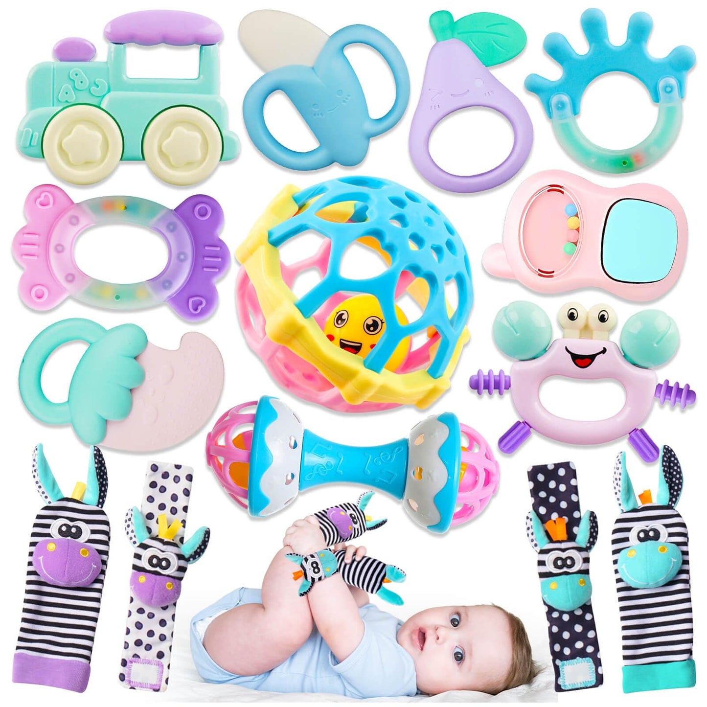 JKHEPL Baby Rattles & Teethers 14-Piece Set | 0-6 Months Infant Toys with Wrist Socks